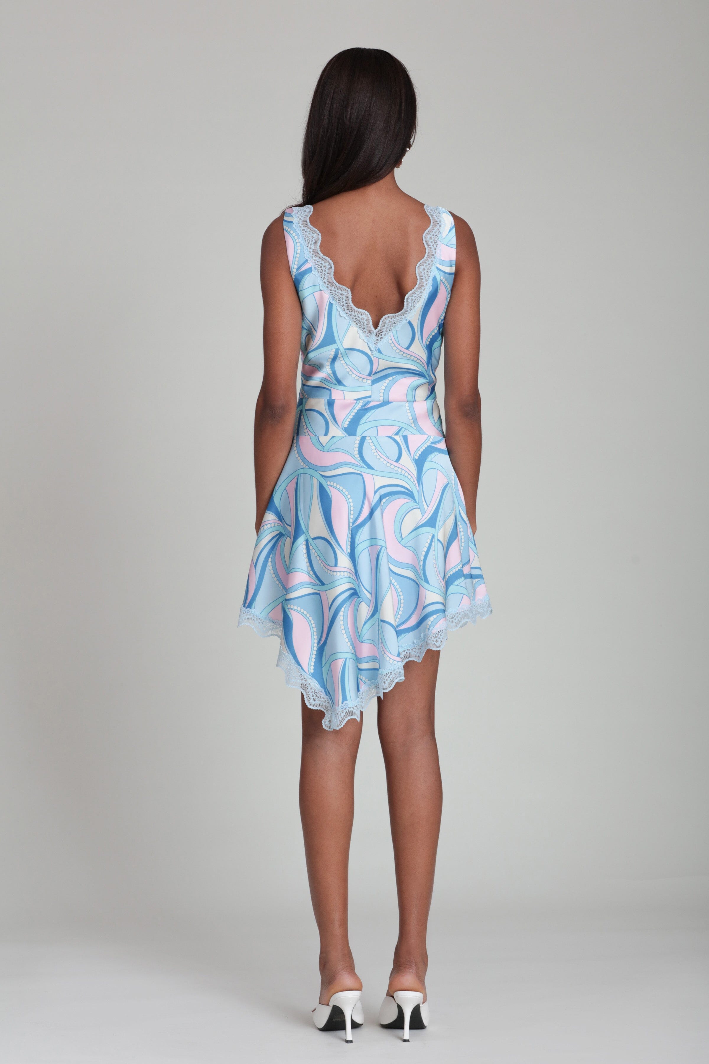 Satin lace asymmetrical sleeveless blue paisley dress - Shop designer women's cute mini dresses by Avec Les Filles