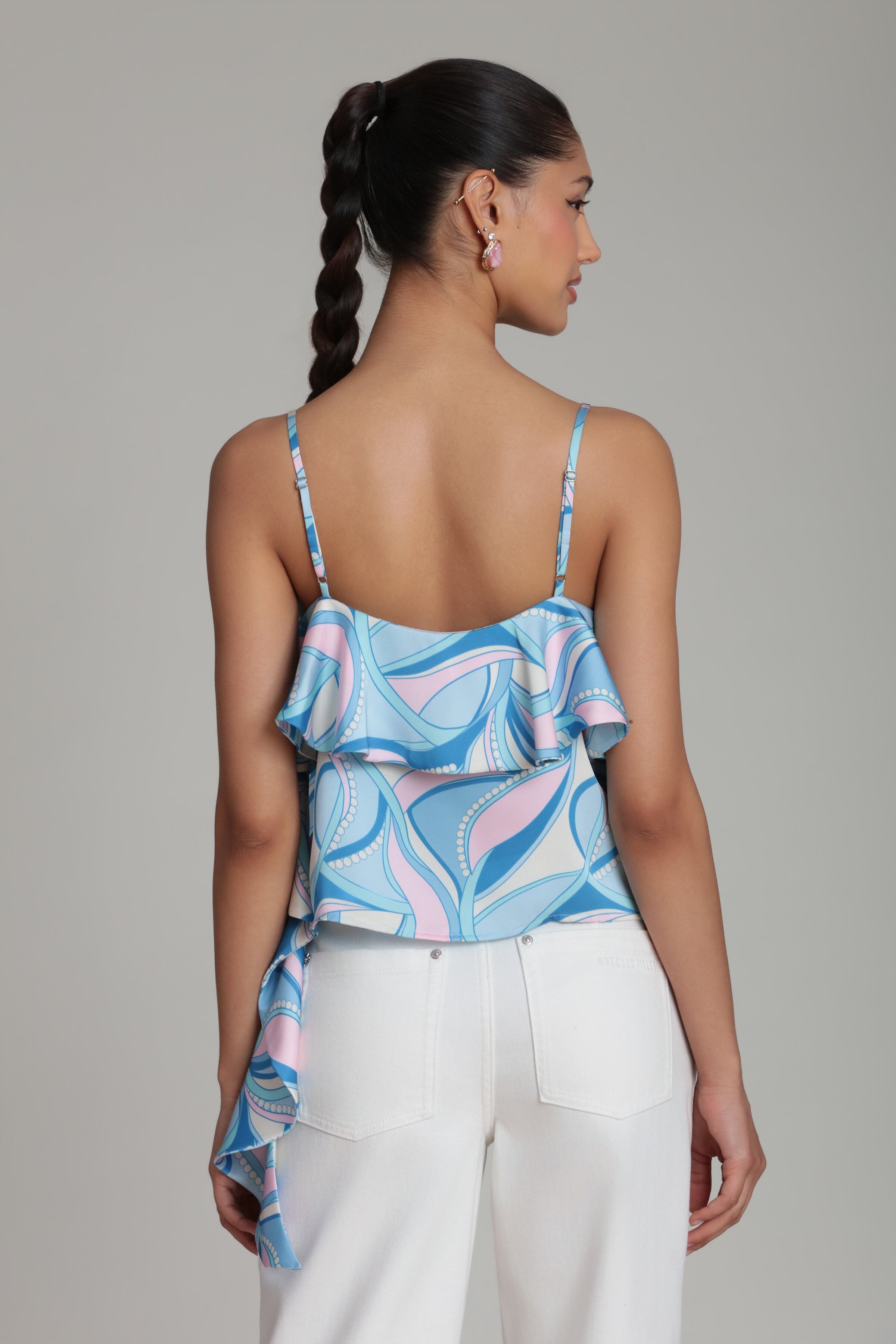 Paisley asymmetric ruffle satin tank top with adjustable spaghetti straps. Shop women's cute tank top by Avec Les Filles.