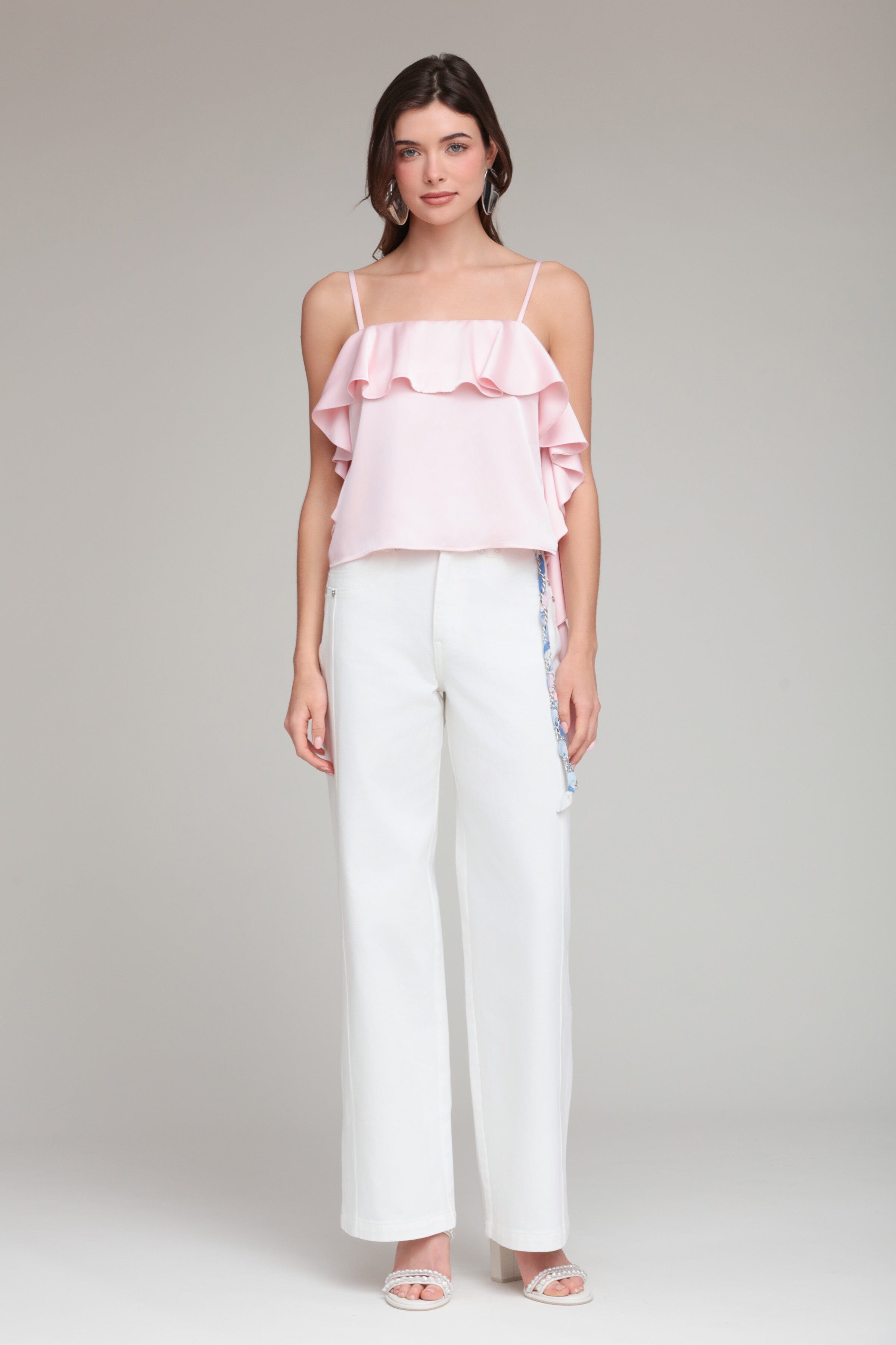 Asymmetric ruffle pink satin cami top with adjustable spaghetti straps. Shop designer women's cute tank tops by Avec Les Filles