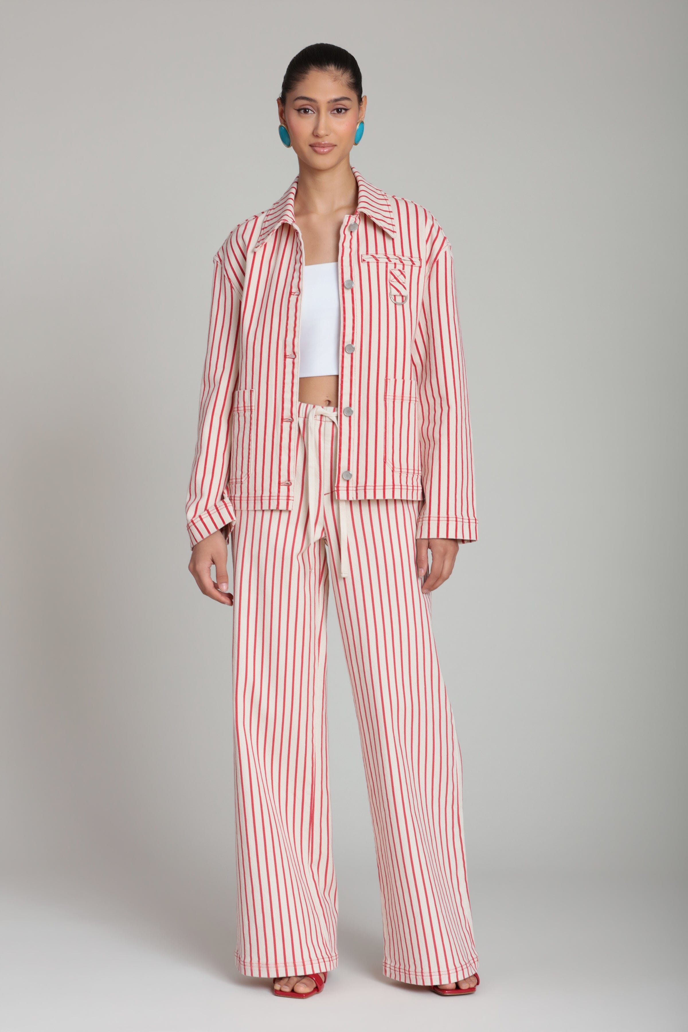 Stretch cotton striped red pants with red striped button down jacket - Shop cotton striped pants & jackets by Avec Les Filles