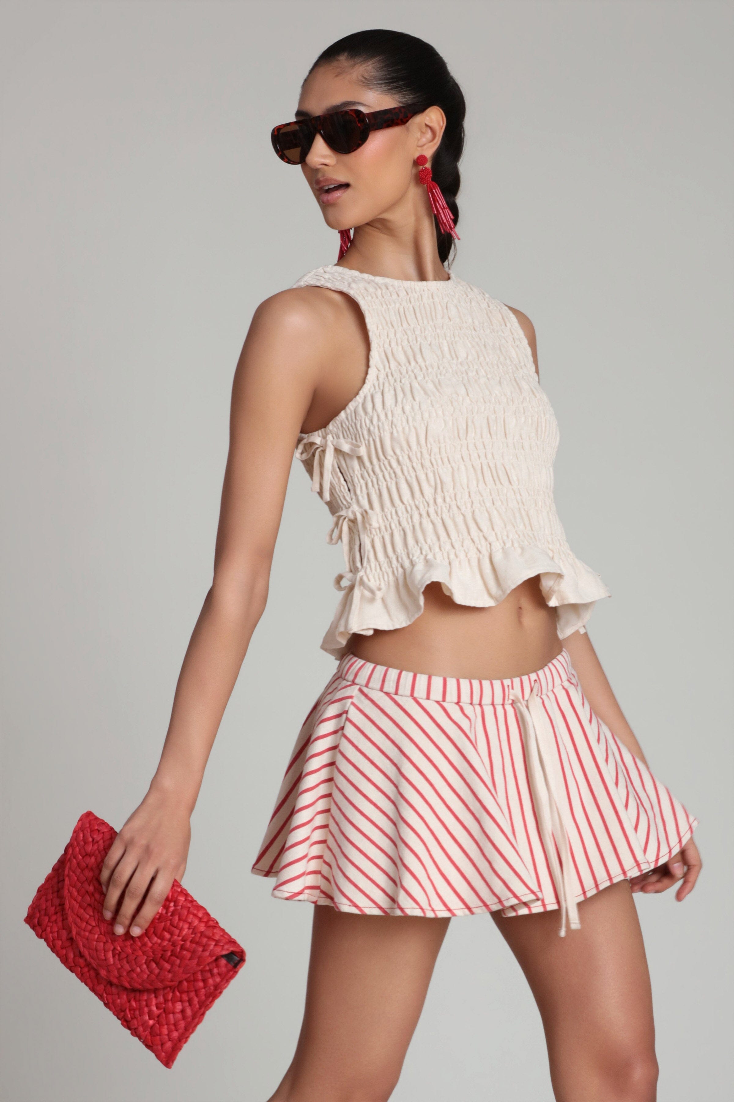 Striped stretch cotton red micro skort with adjustable drawstring tie - Shop cute mini skorts by Avec Les Filles