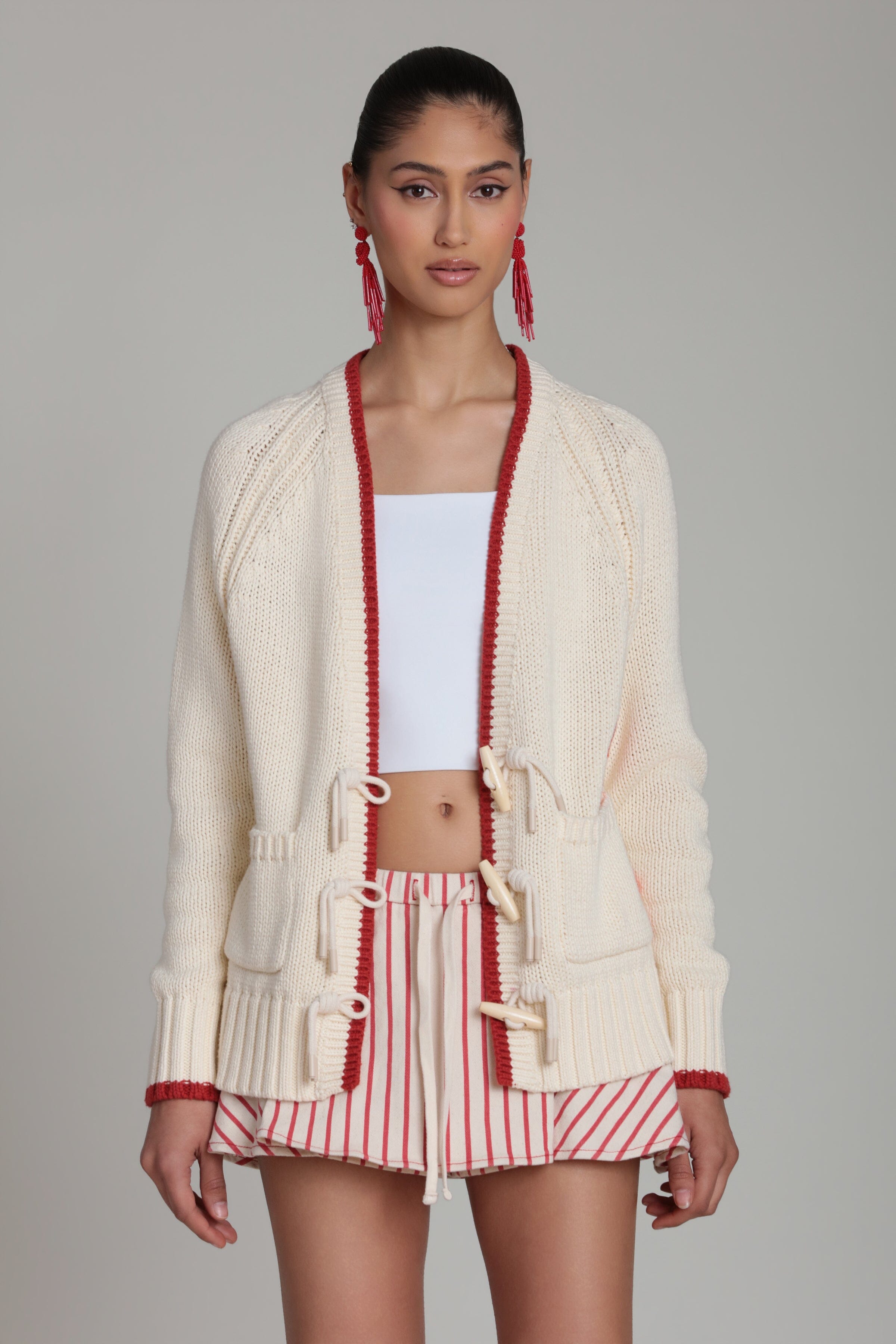 Cotton ivory and red intarsia cardigan with raglan sleeves - Shop designer women's cute cardigans by Avec Les Filles