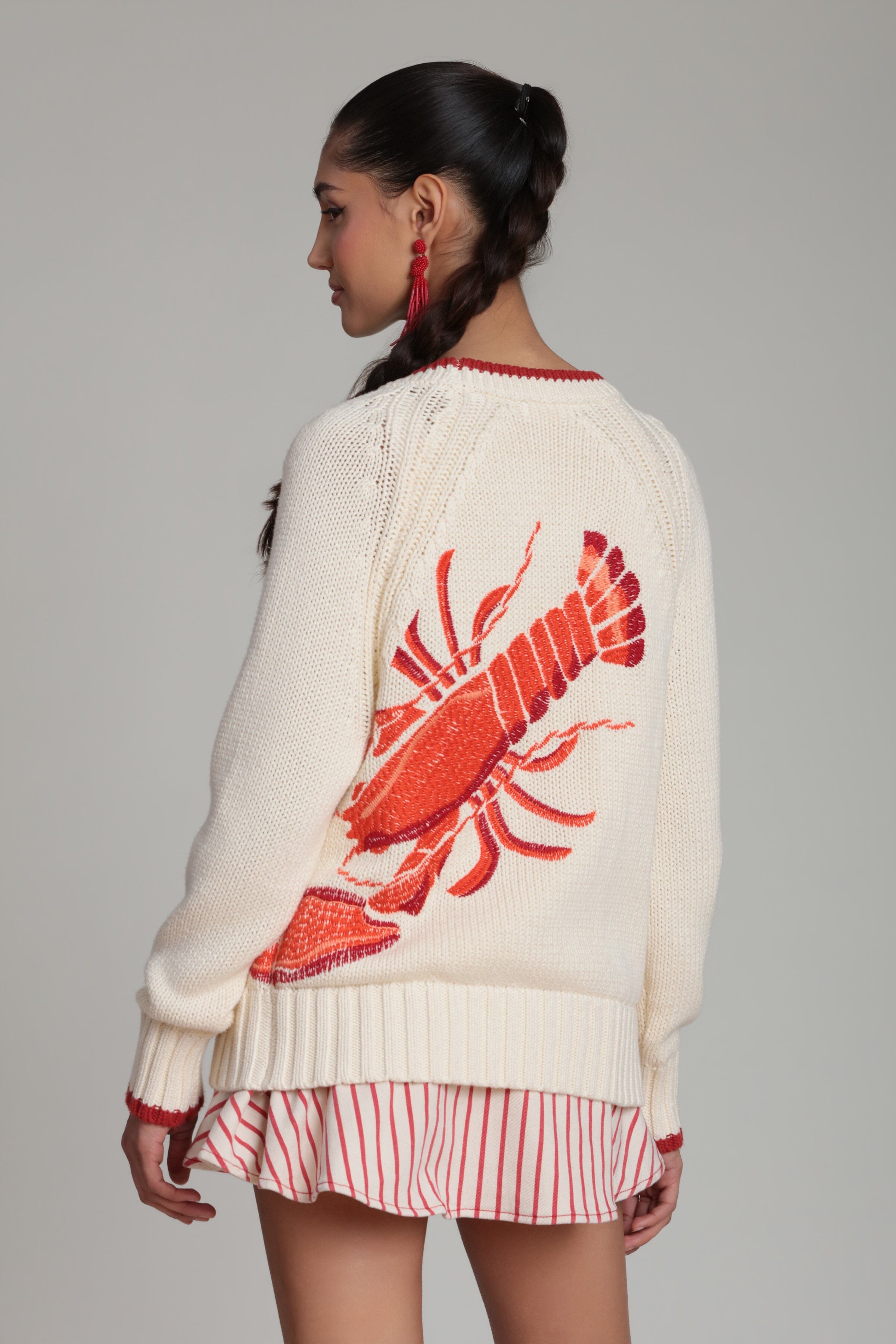 Cotton ivory and red lobster cardigan sweater with raglan sleeves - Shop designer cardigans by Avec Les Filles