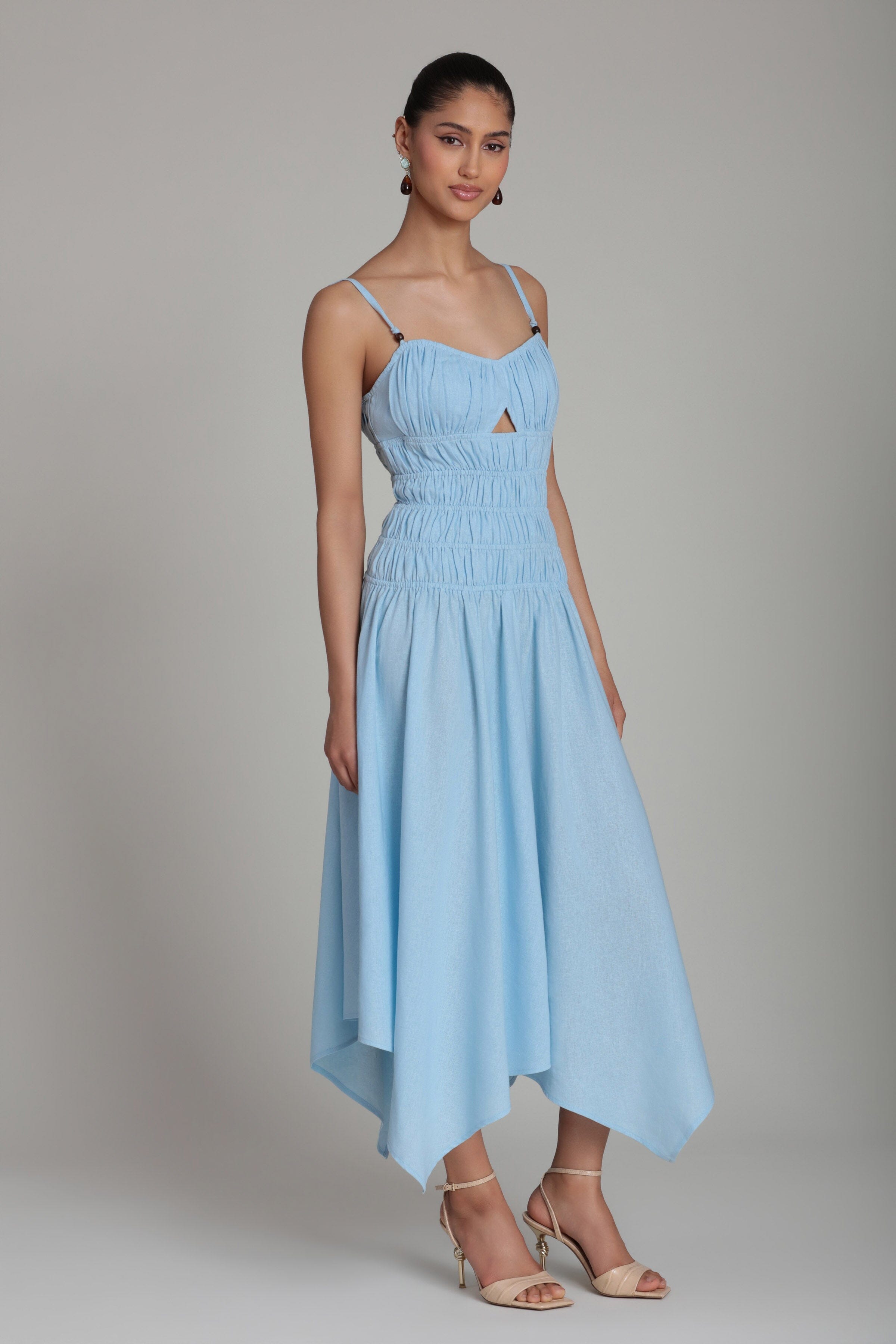 Sleeveless midi light blue dress with sweetheart neck and adjustable spaghetti straps by Avec Les Filles