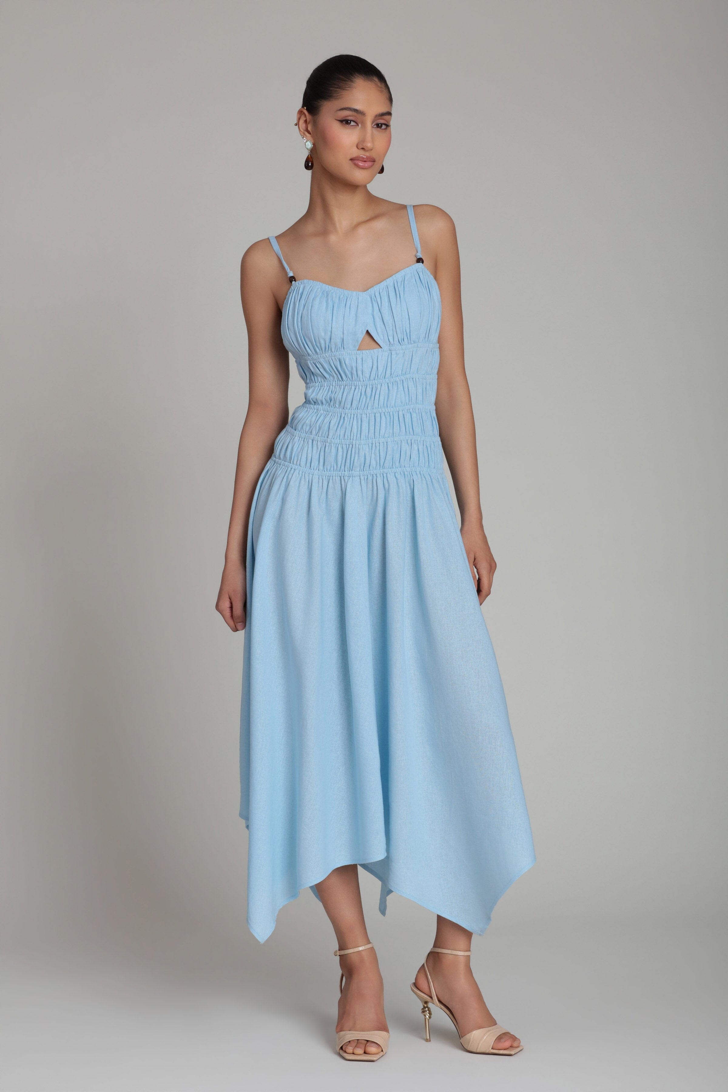 Linen blend blue smocked dress with sweetheart neck and adjustable straps - Shop cute midi dresses by Avec Les Filles