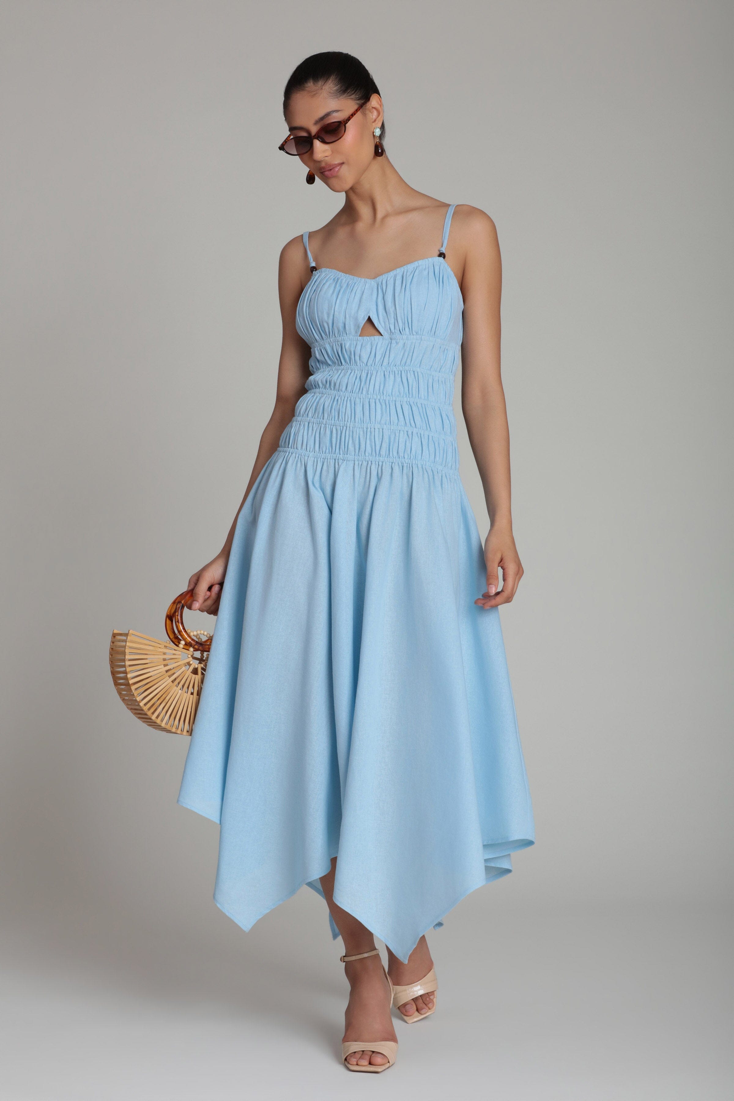 Sleeveless light blue midi dress with sweetheart neck and adjustable straps - Shop cute midi dresses by Avec Les Filles