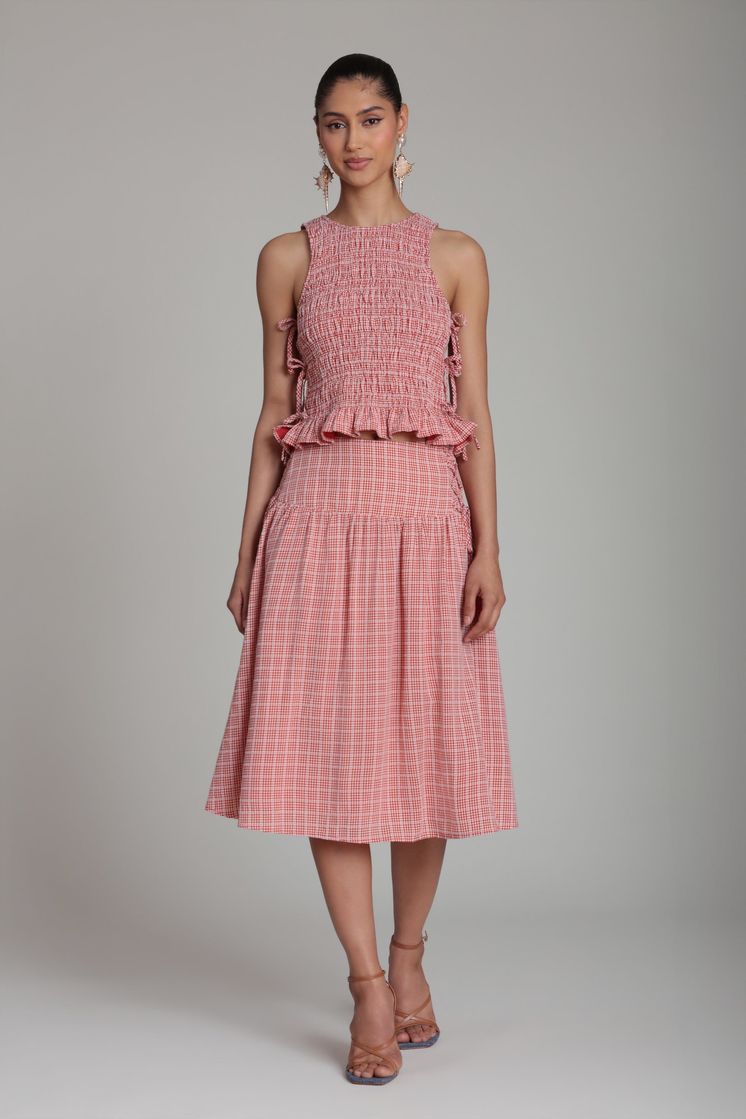 Sleeveless red gingham smocked top with gingham skirt midi - Shop women's cute tank tops & midi skirts by Avec Les Filles