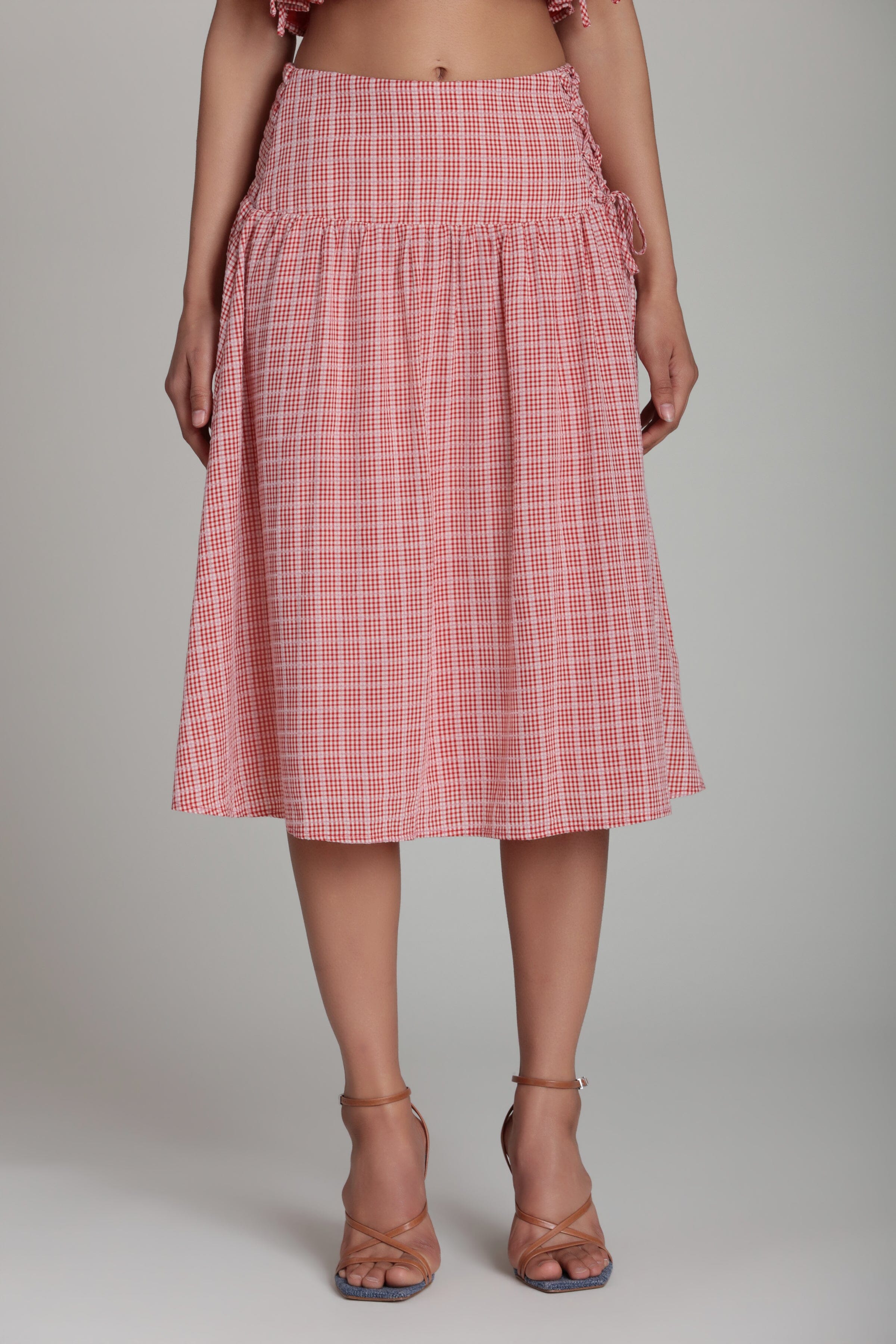red gingham midi skirt with a smocked waistband - Shop designer women's cute midi skirts by Avec Les Filles