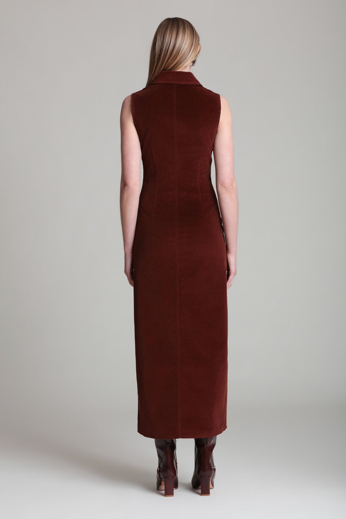 Stretch button-front sleeveless red denim maxi dress - Shop designer women's cute maxi dresses by Avec Les Filles.