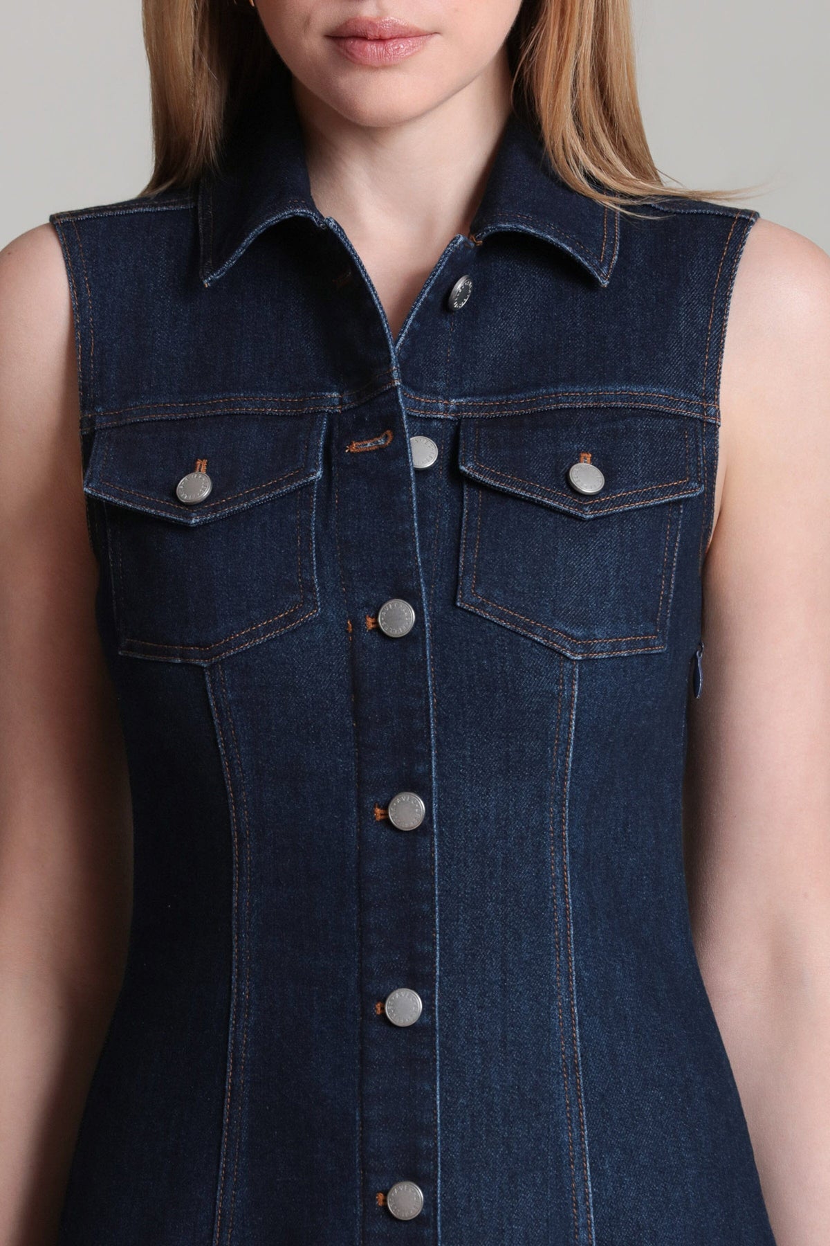 Stretch button-front sleeveless dark blue maxi denim dress for women - Shop designer maxi dresses by Avec Les Filles.
