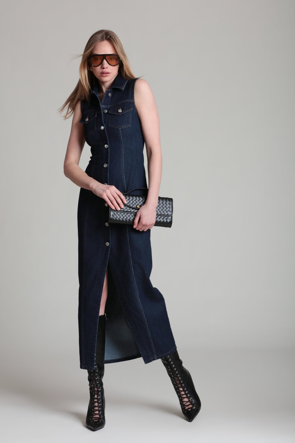 Stretch sleeveless dark blue button down denim dress - Shop designer women's cute maxi dresses by Avec Les Filles.