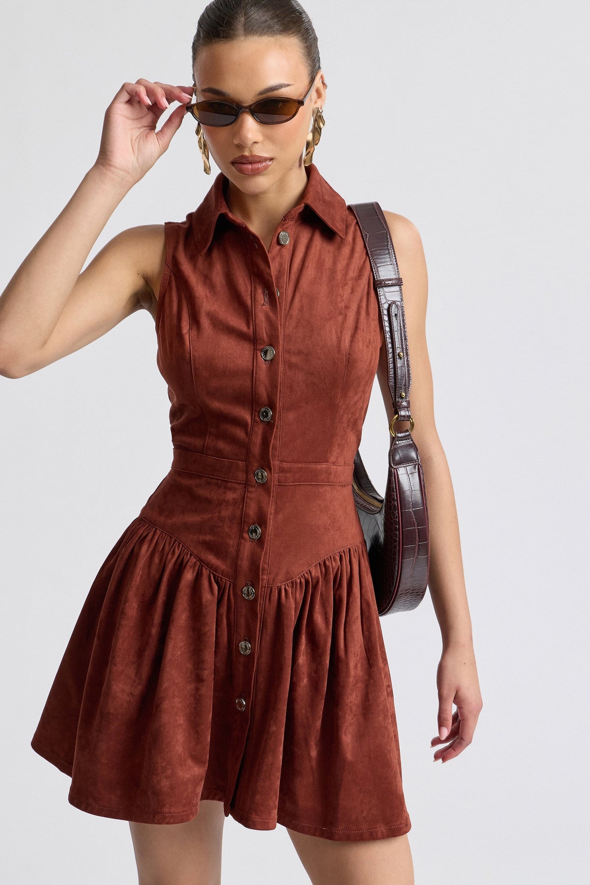 Sleeveless button-front faux suede dress with point collar - Shop women's cute mini dresses by Avec Les Filles.