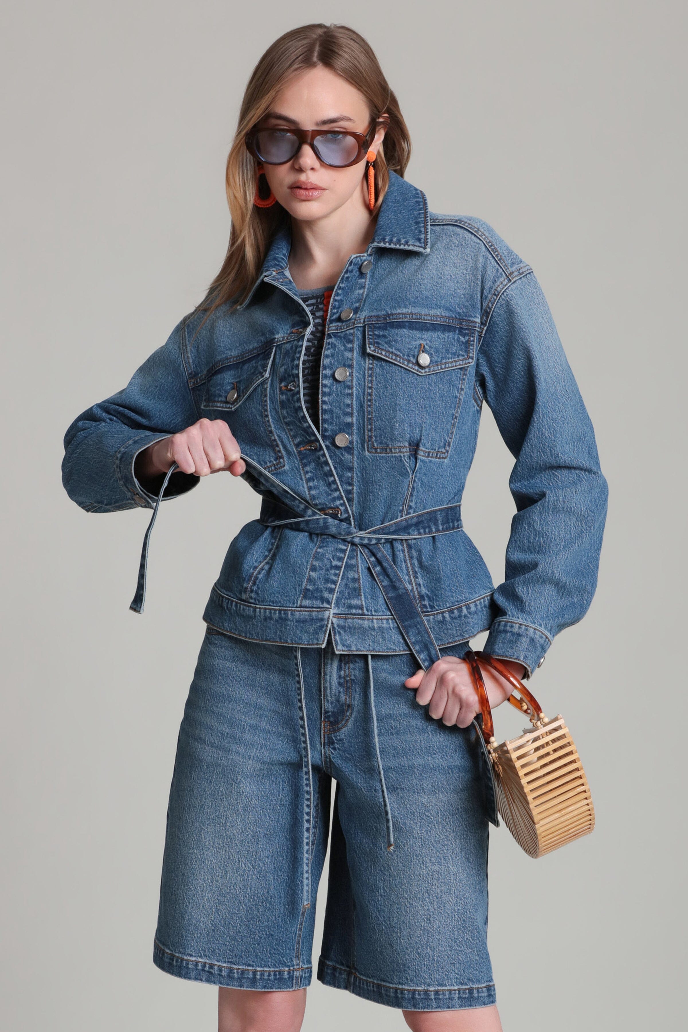 Trucker blue denim belted jacket in cotton blend with denim drawstring shorts - Shop denim jackets & shorts by Avec Les Filles