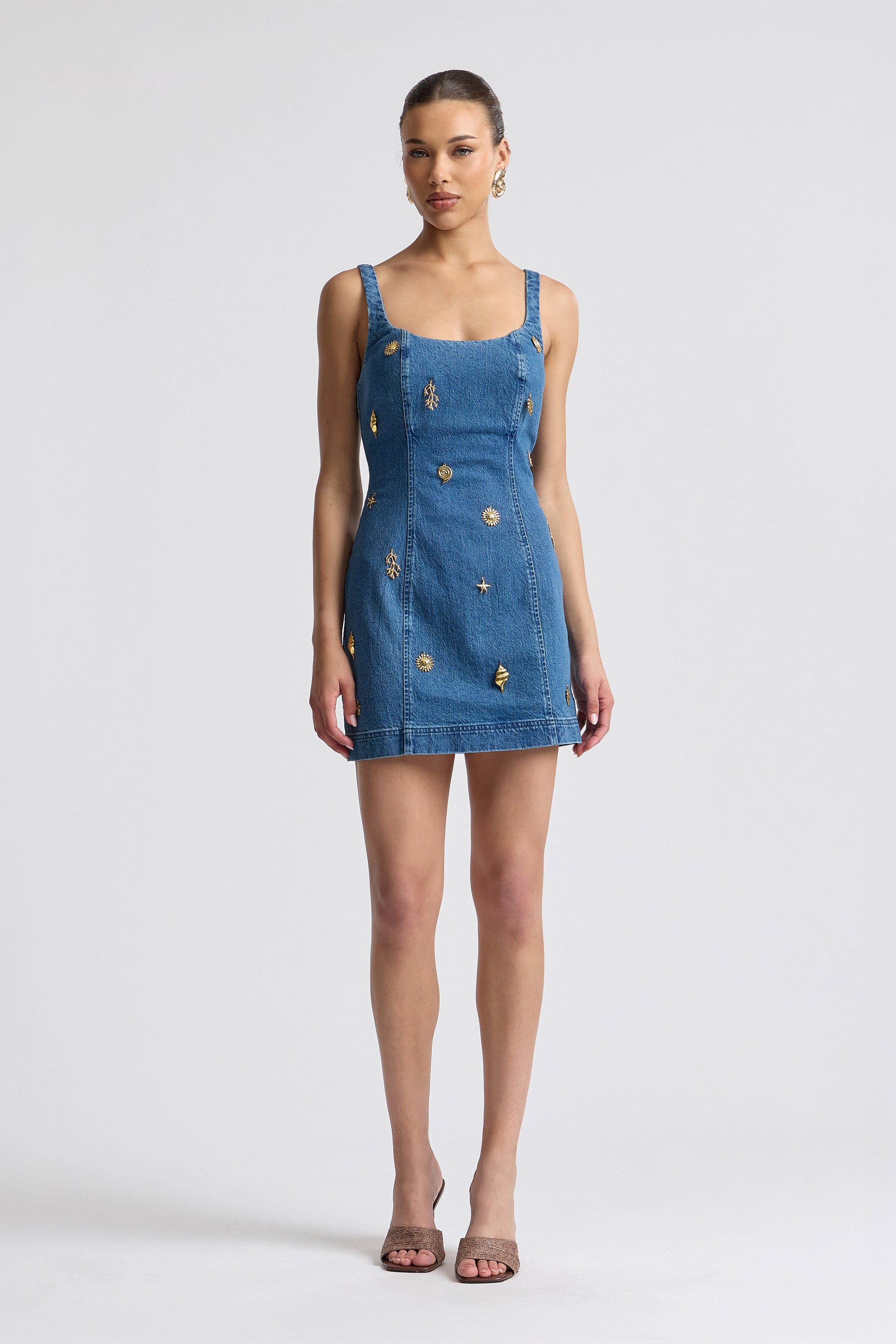 Embellished monarch wash denim summer dress. Shop designer women's mini denim dresses by Avec Les Filles.