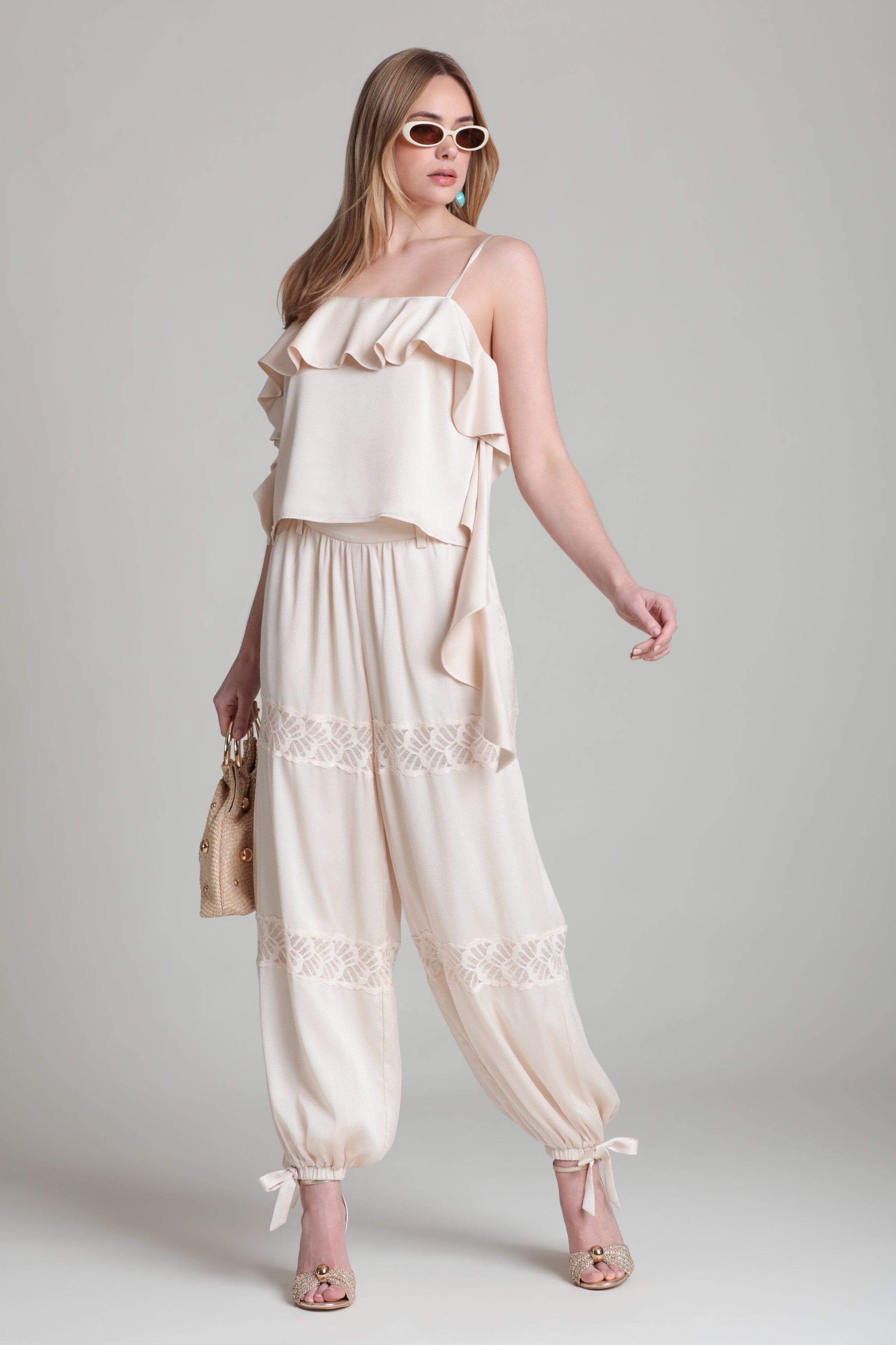 Satin crepe balloon ivory wide leg pants with ruffle tank top - Shop women's cute ivory satin pants & tops by Avec Les Filles