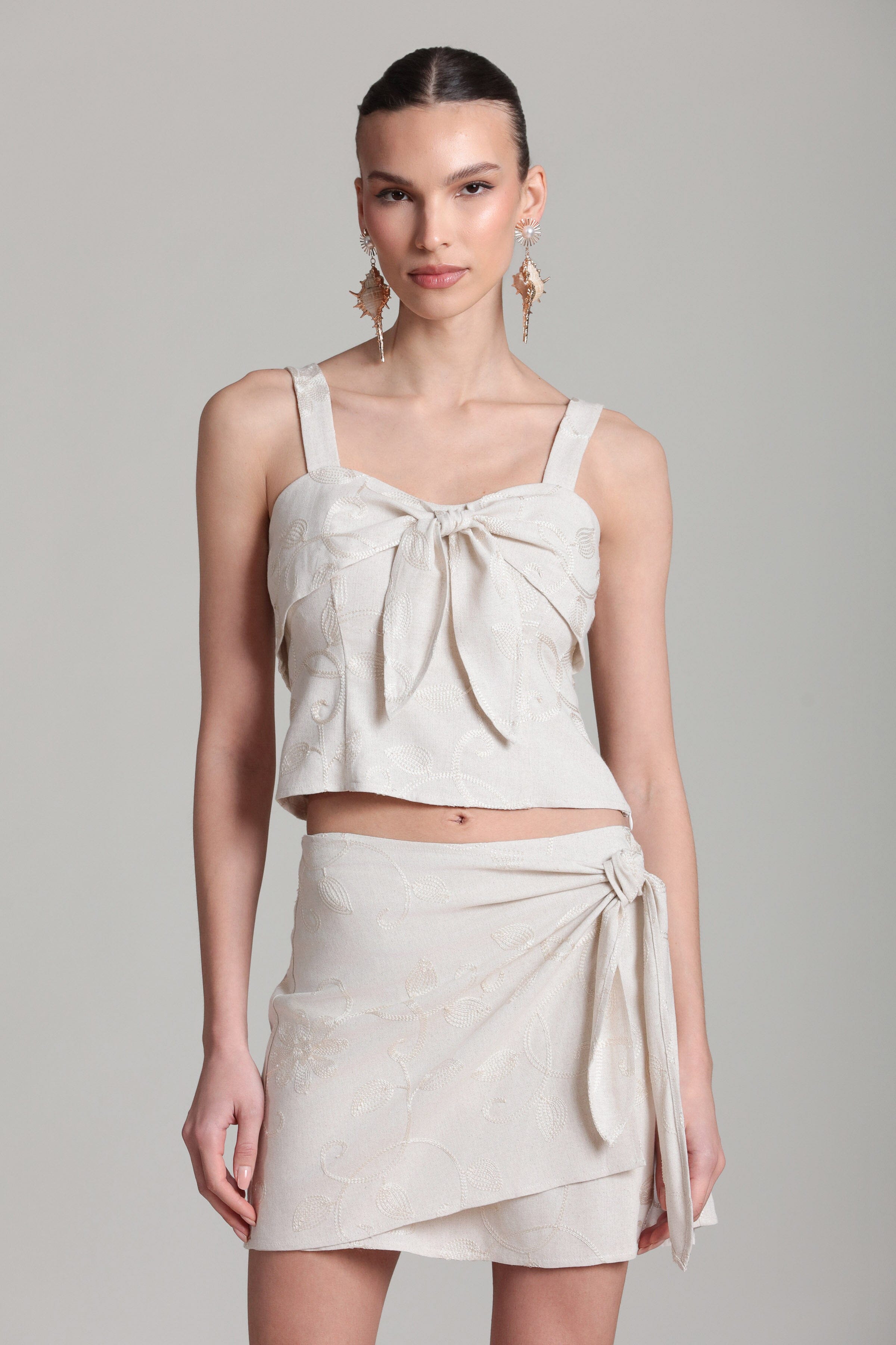 Embroidered linen blend white cami tie tank top with mini cream skirt - Shop women's cute tan tops by Avec Les Filles.