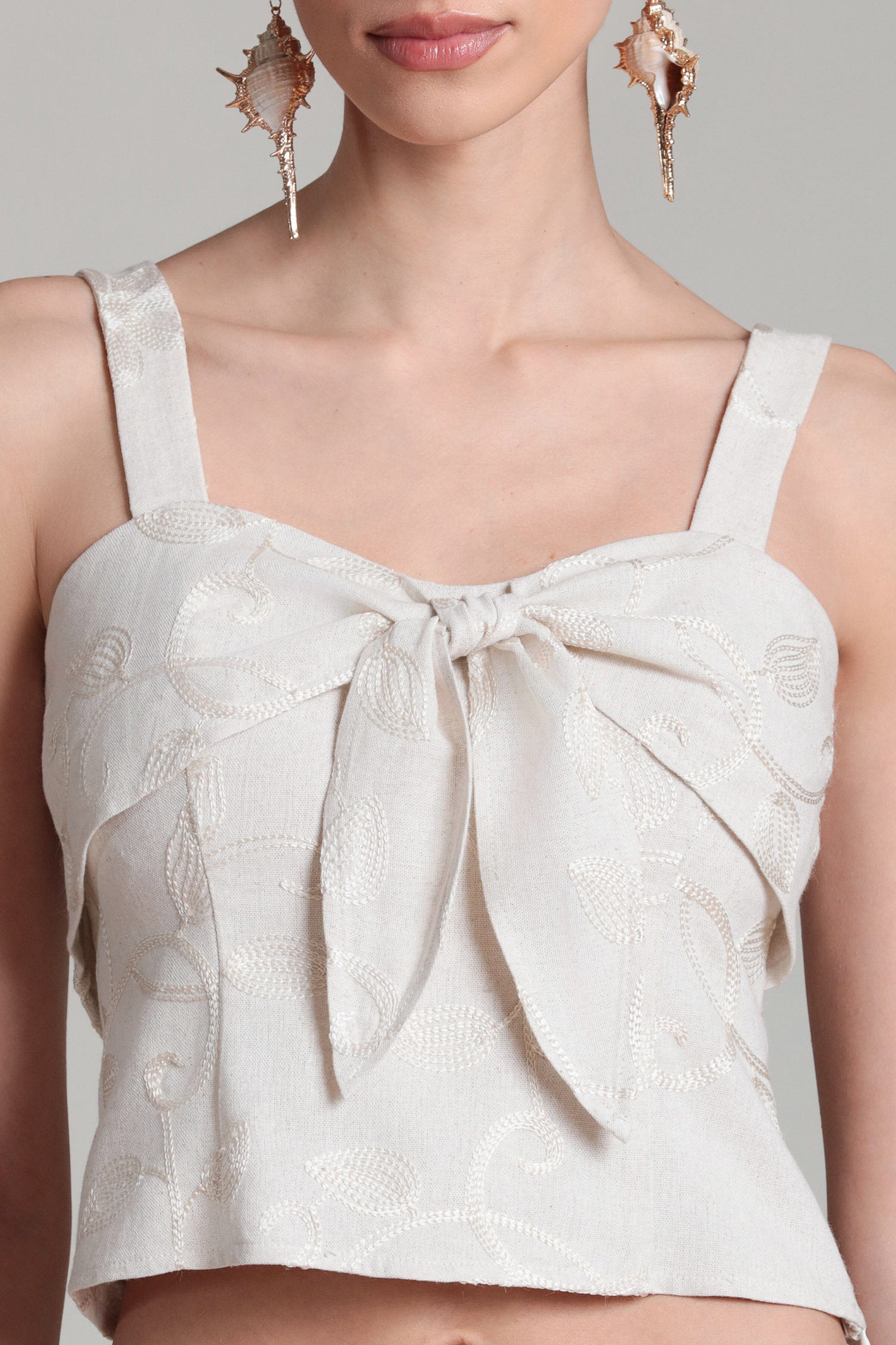 Embroidered linen blend white tie cami tank tops. Shop designer women's cute tan tops by Avec Les Filles.