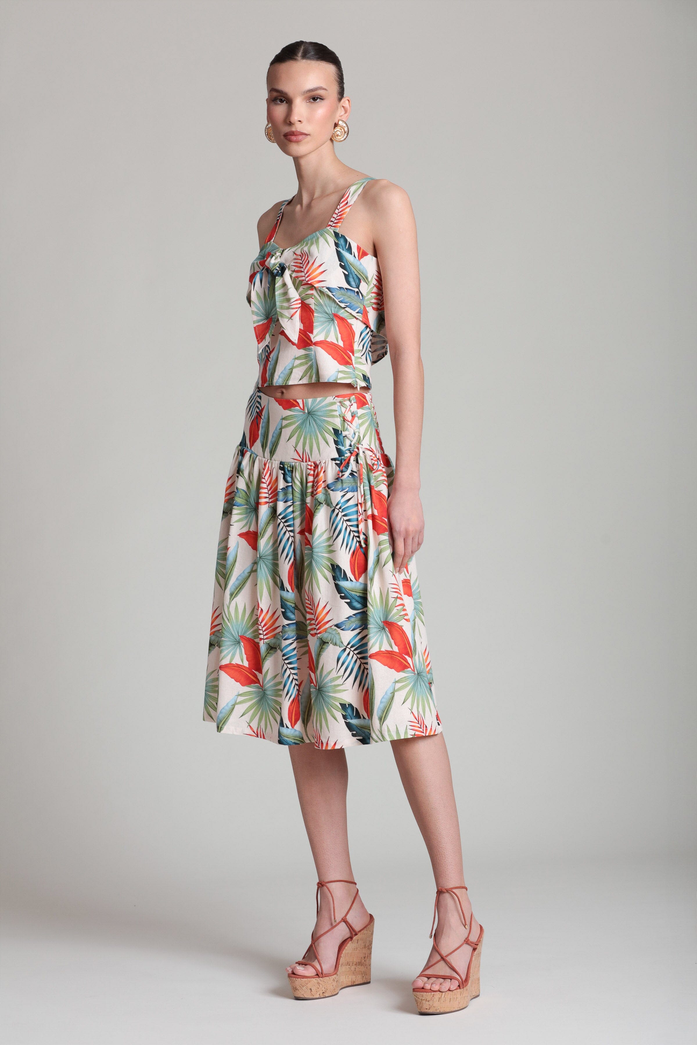 Tropical Print Linen Blend Tie Front Top Shirts & Tops Avec Les Filles