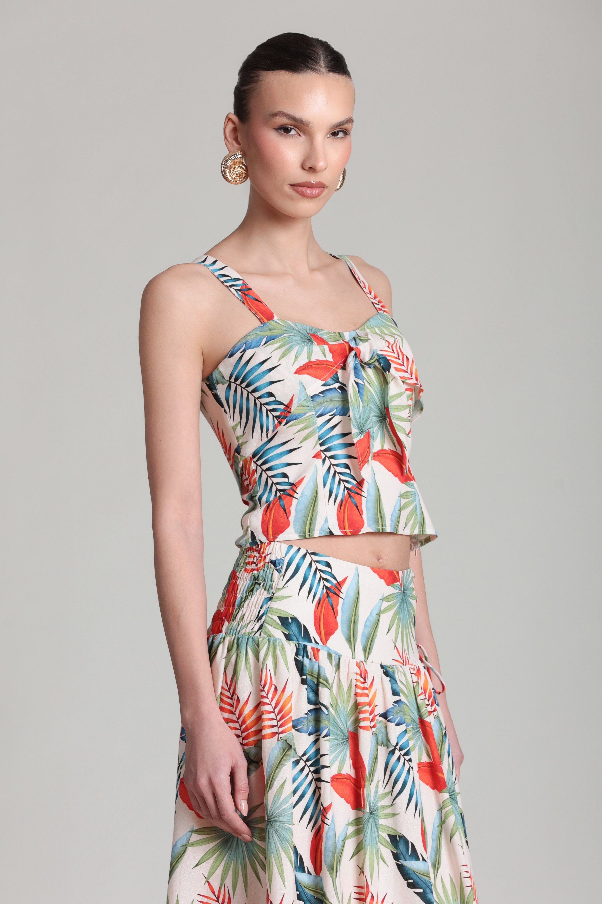 Tropical print multicolor front tie tank top with adjustable strap - cute tank tops for summer by Avec Les Filles