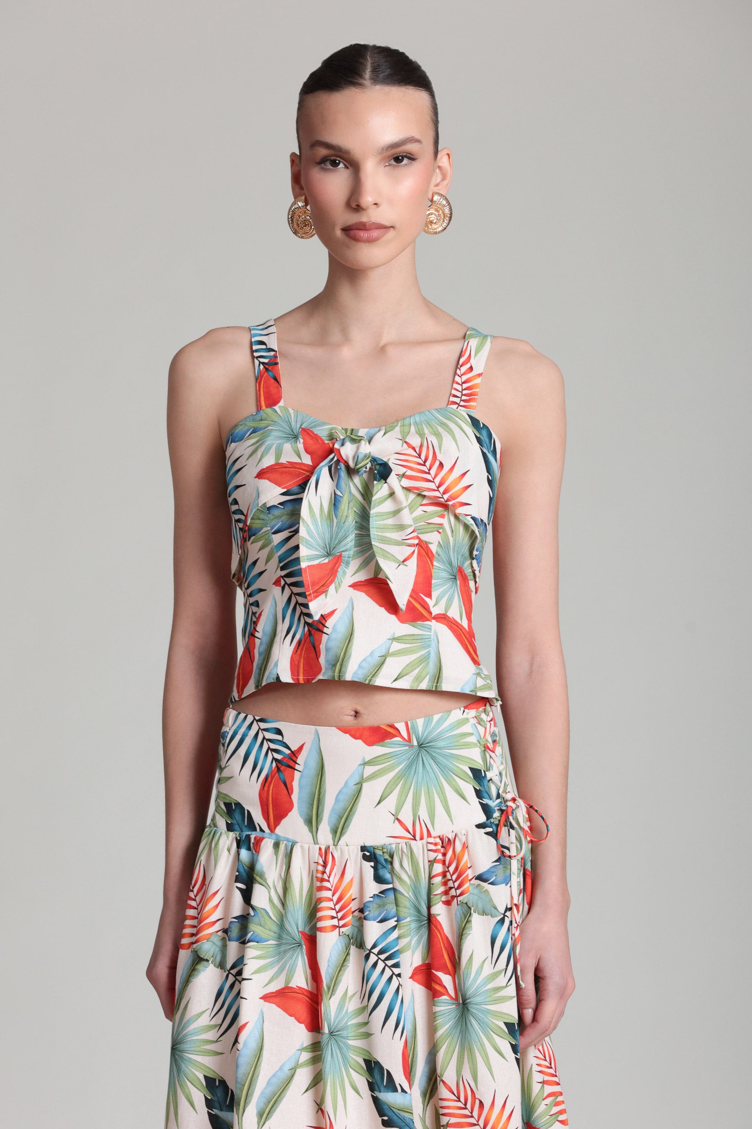 Tropical print linen blend multicolor front tie tank top with a sweetheart neck and adjustable strap by Avec Les Filles