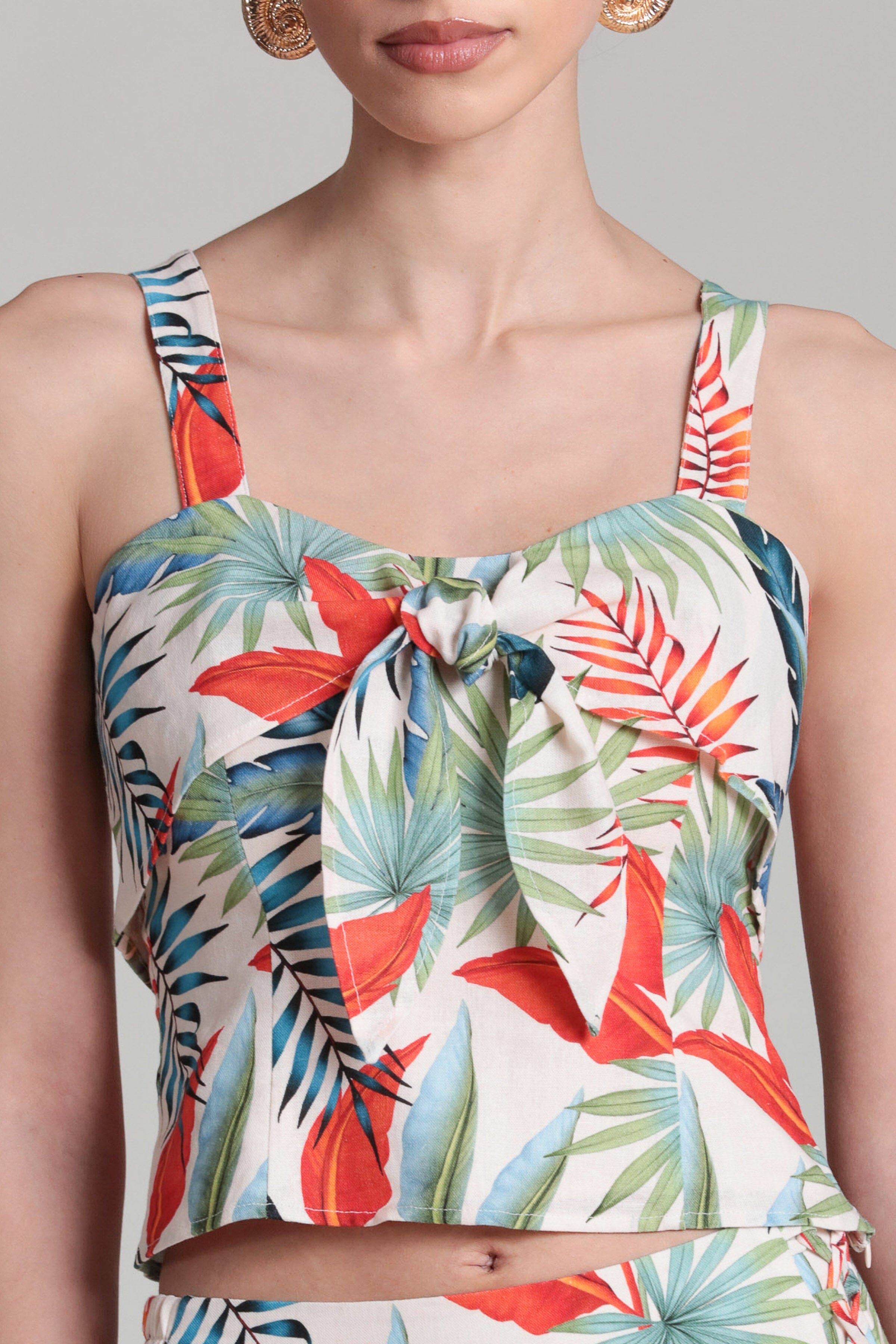 Tropical print linen blend multicolor front tie tank top with a sweetheart neck and adjustable strap by Avec Les Filles
