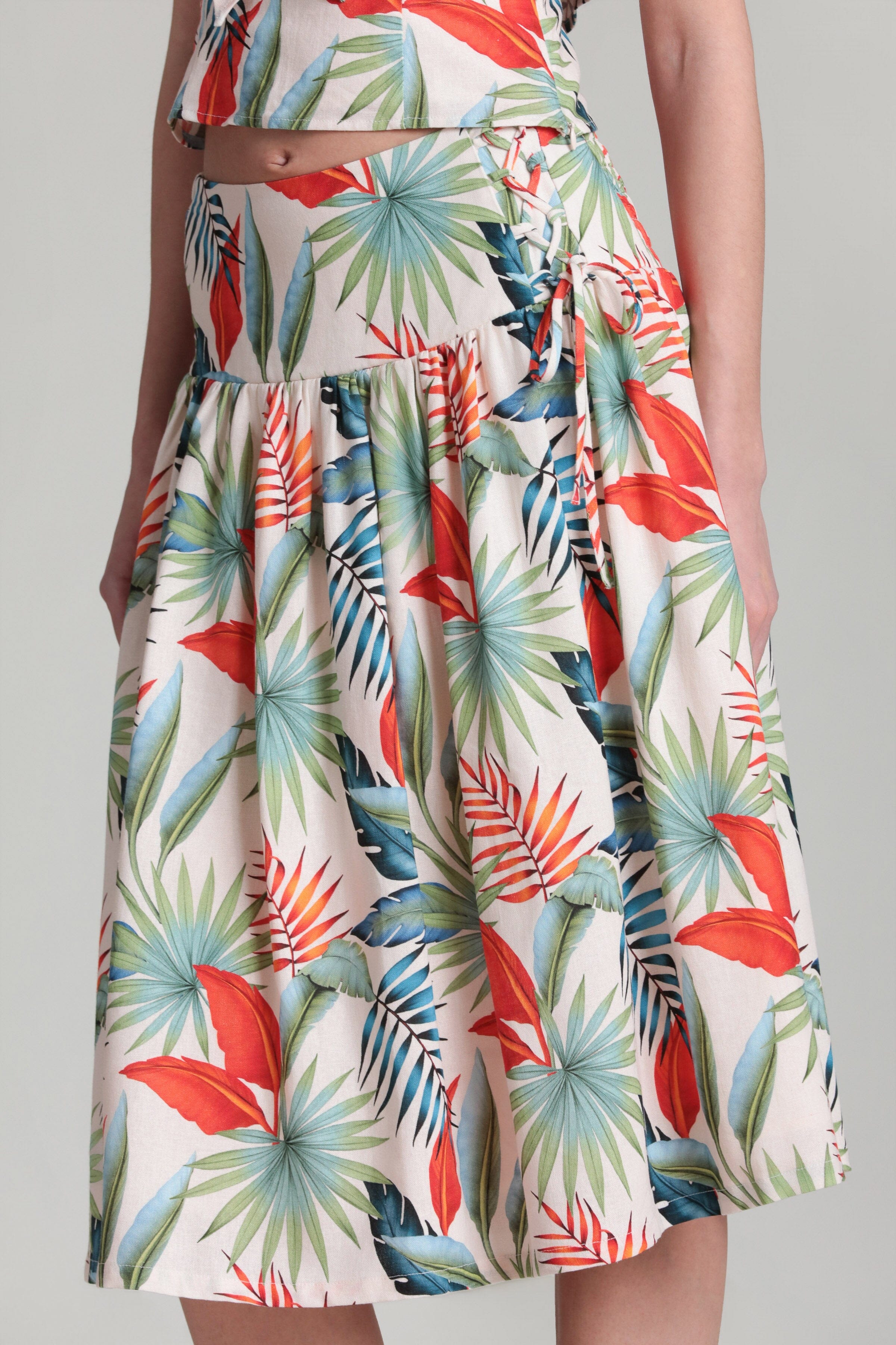 Tropical floral print midi skirt in linen blend - Shop designer women's cute floral midi skirt by Avec Les Filles