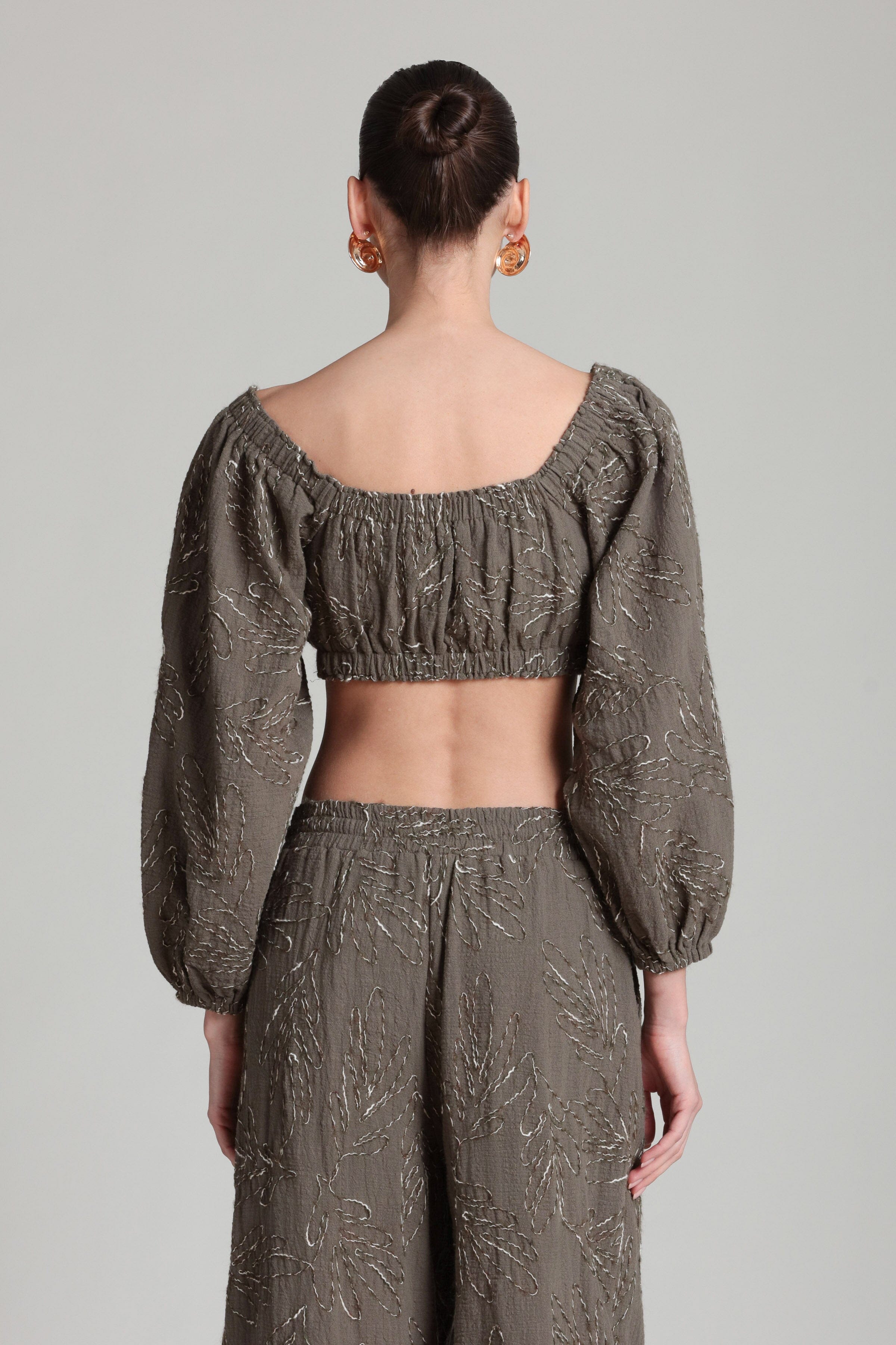 Embroidered olive front tops with puff sleeve. Shop designer women's cute crop tops by Avec Les Filles.