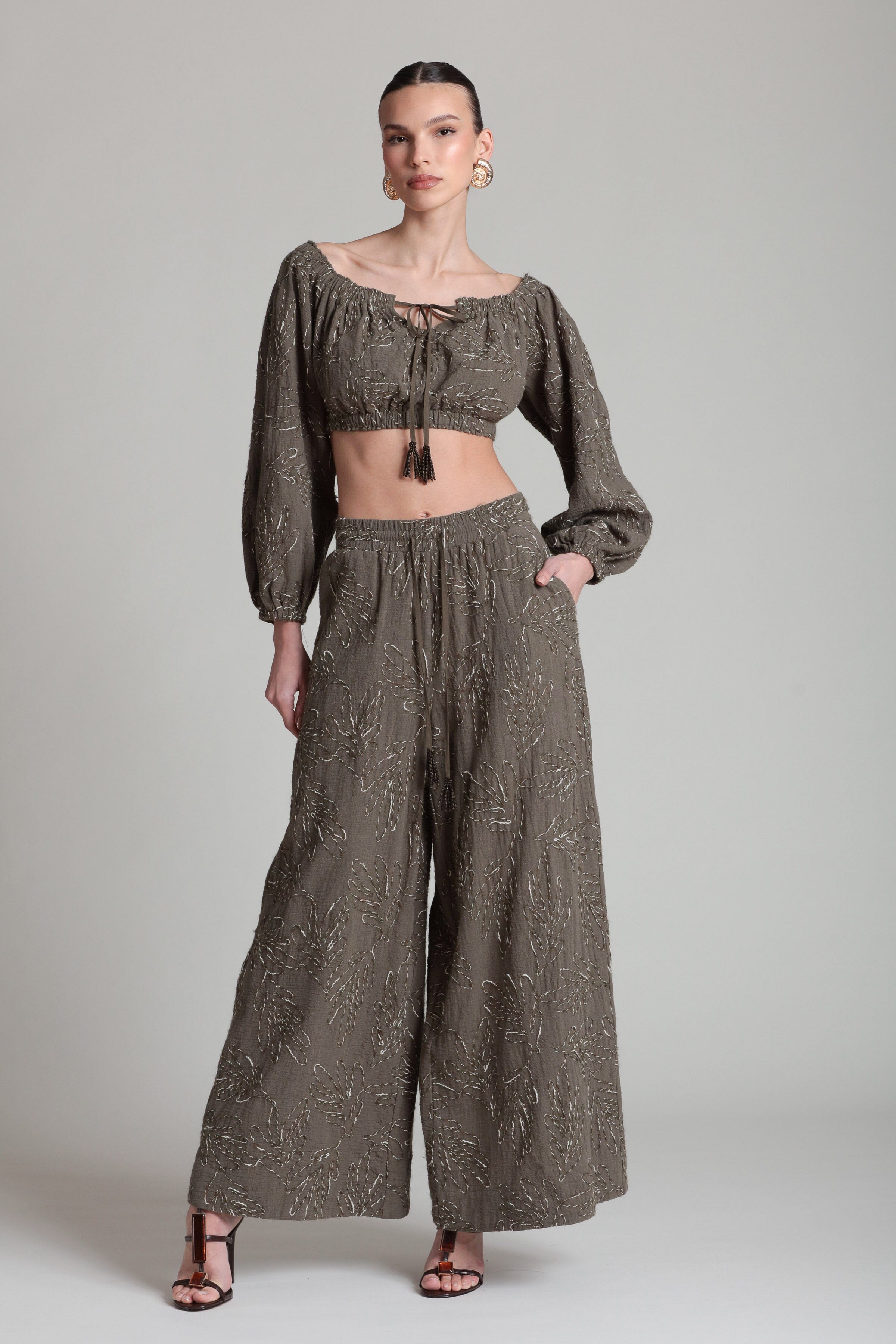 Embroidered green olive palazzo pants with puff sleeve crop top - Shop women's cute palazzo pants by Avec Les Filles.
