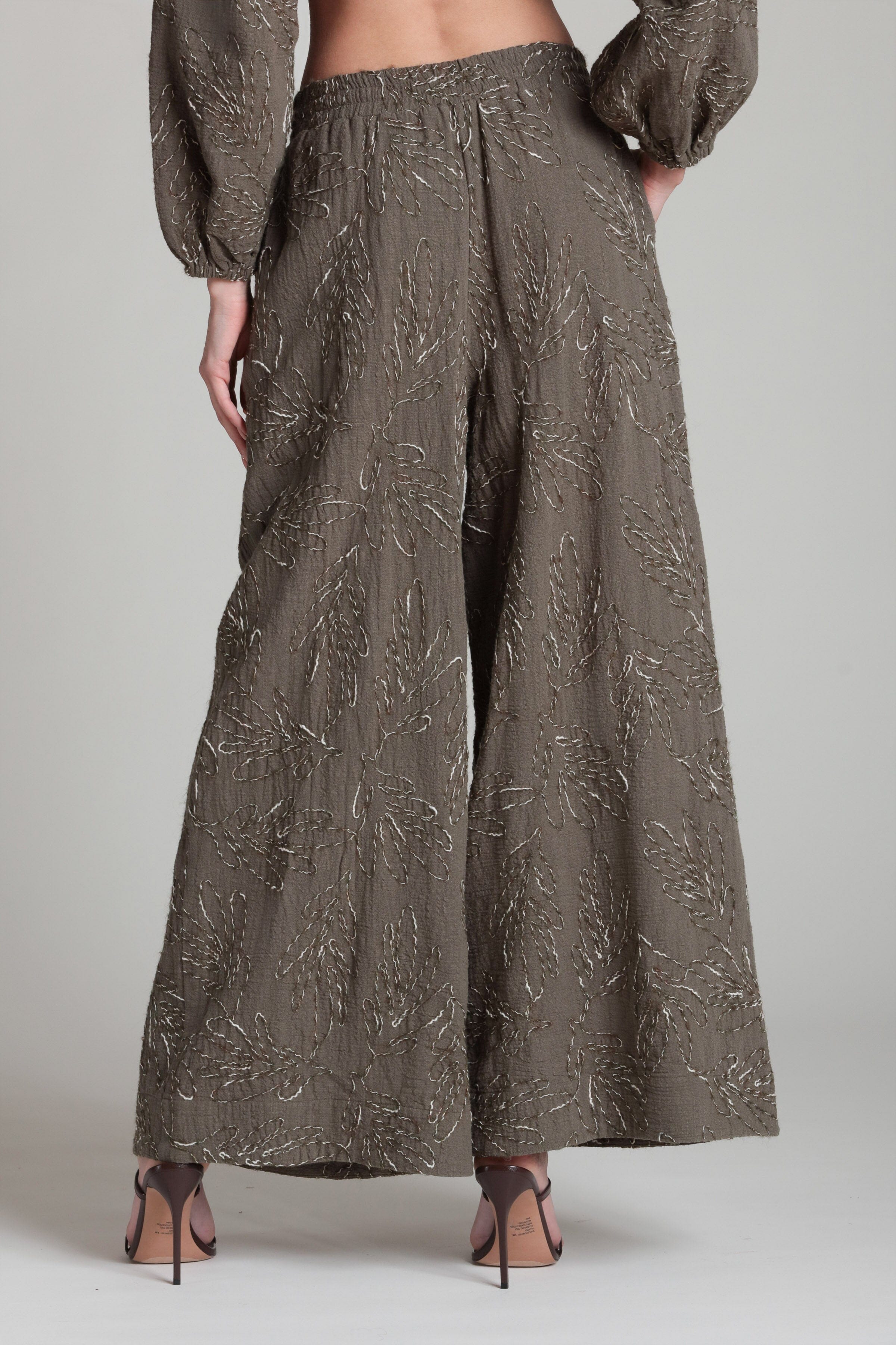 Embroidered olive green high rise pants with adjustable drawstring - Shop women's palazzo pants by Avec Les Filles.