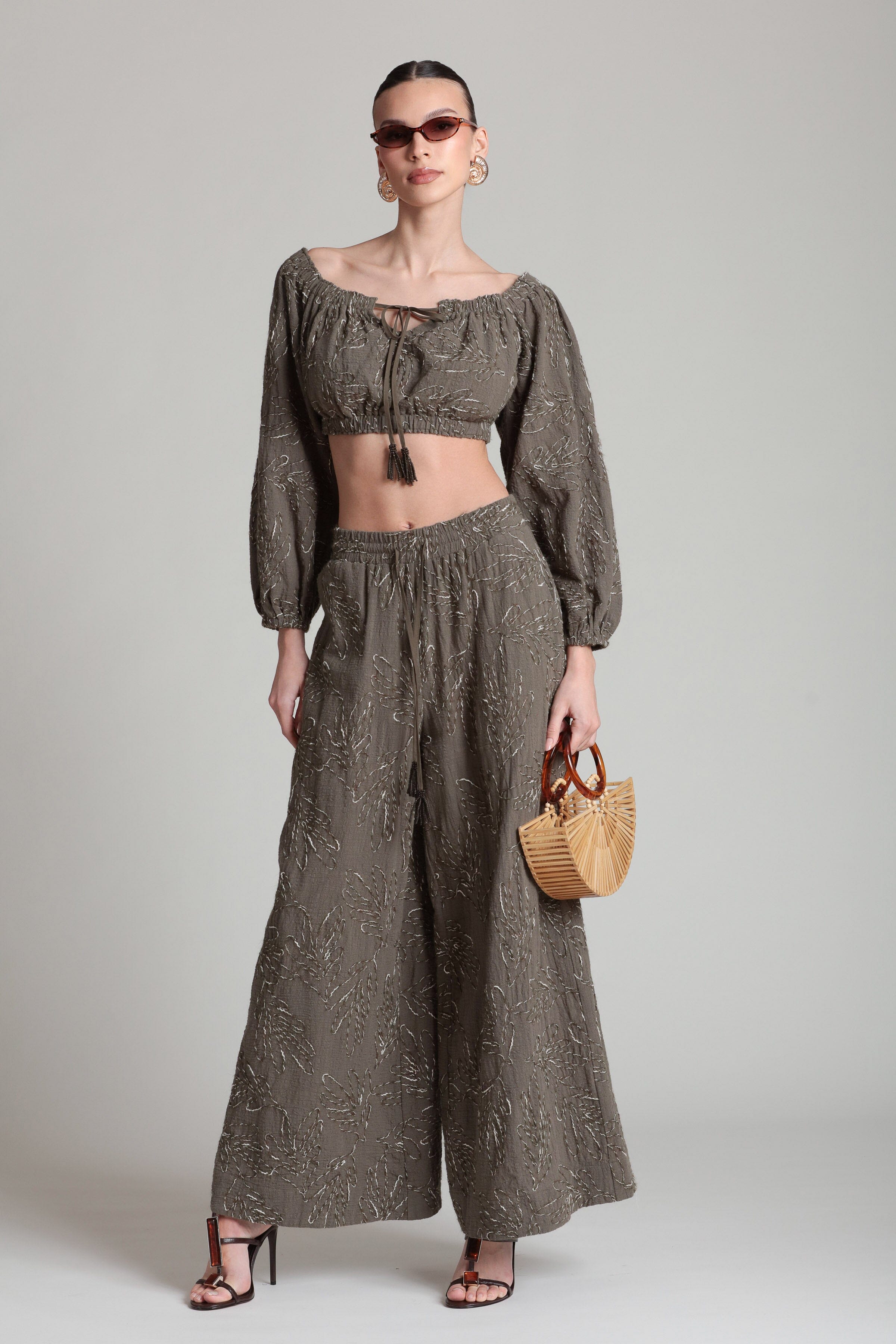 Embroidered wide leg olive green pants with an adjustable drawstring - Shop cute palazzo pants by Avec Les Filles.