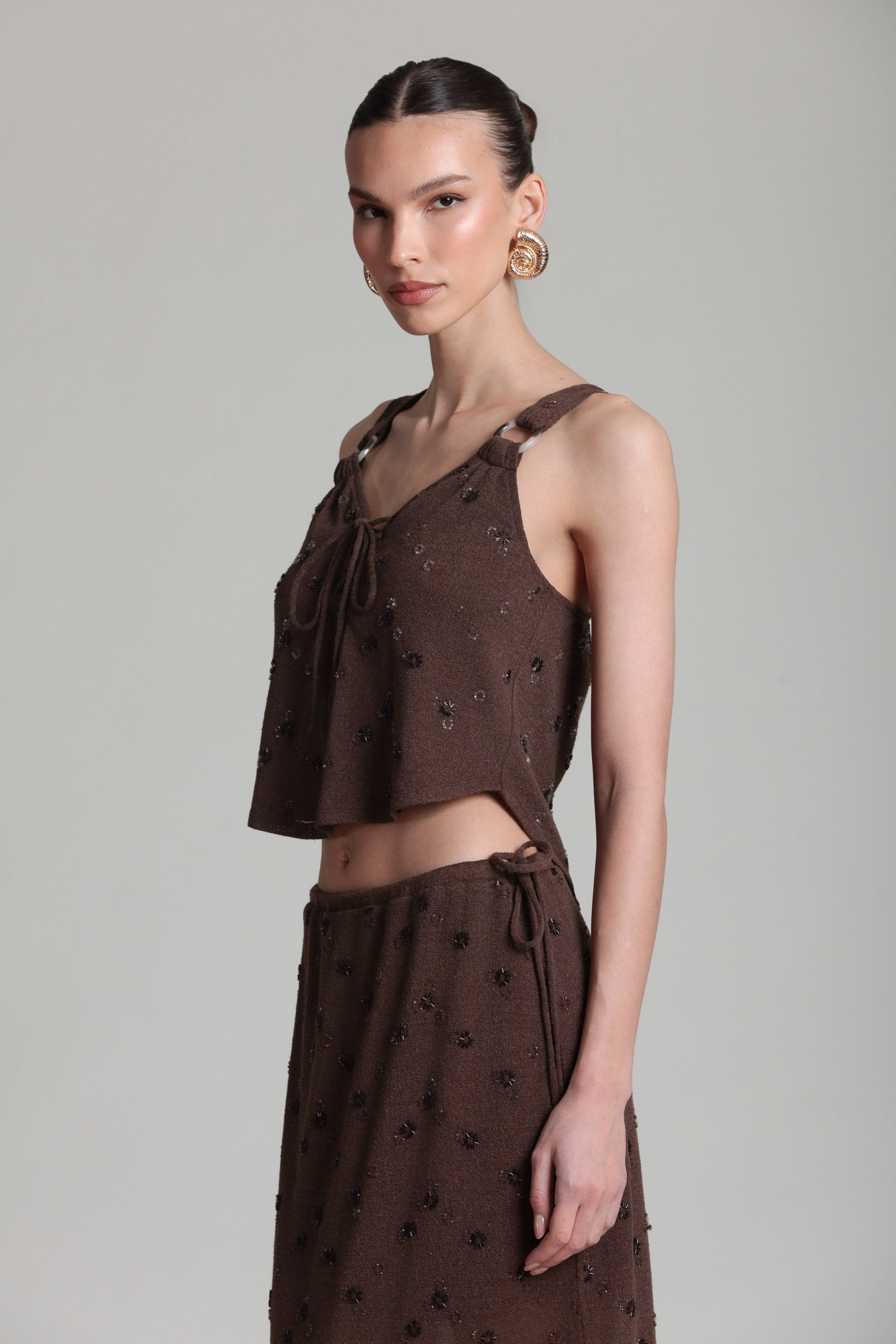 Beaded knit sleeveless brown crop top with a deep V-neck and adjustable strap - Shop cute tank tops by Avec Les Filles
