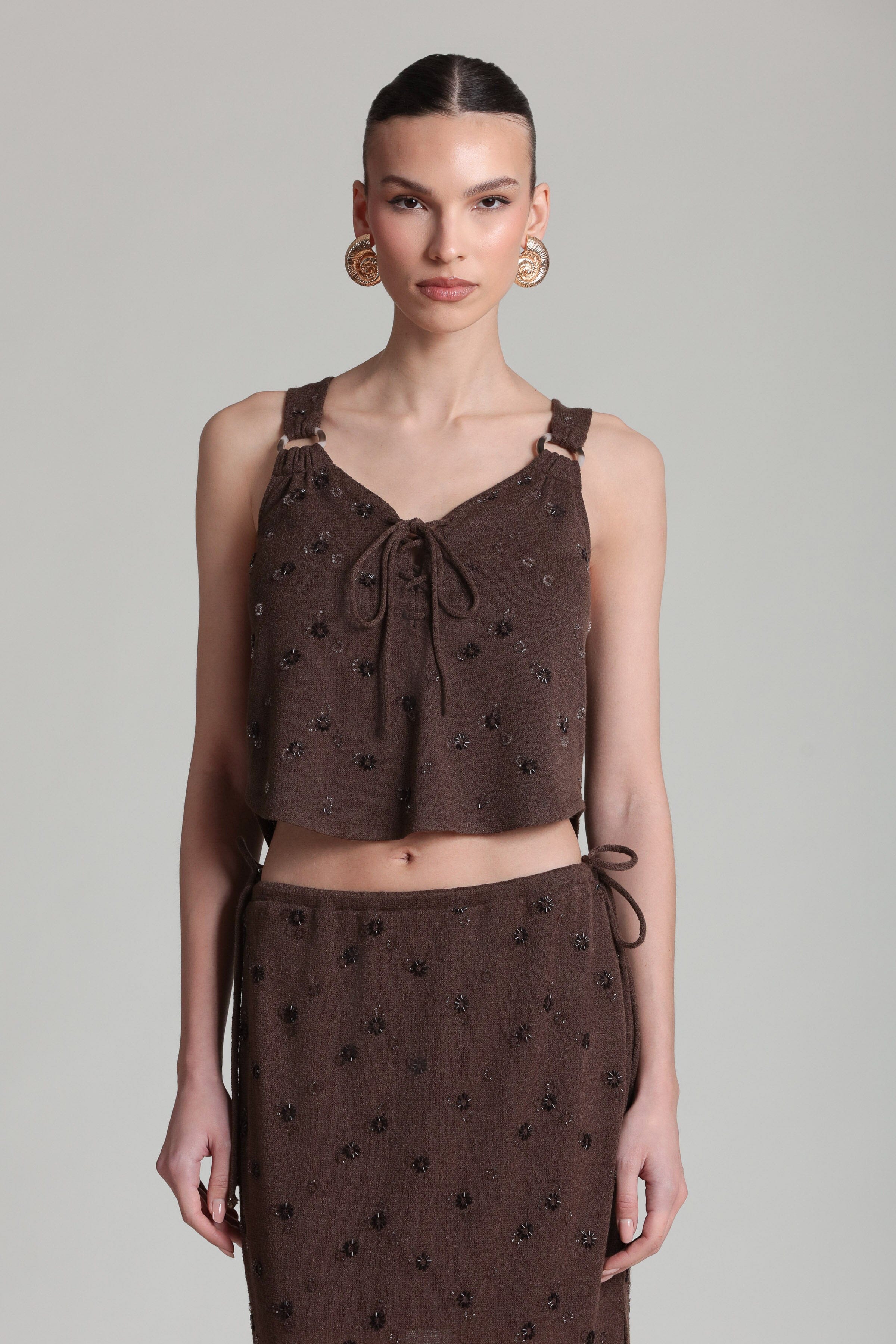 Lace-up sleeveless brown tank top with a deep V-neck and adjustable strap - Shop women's tank tops by Avec Les Filles