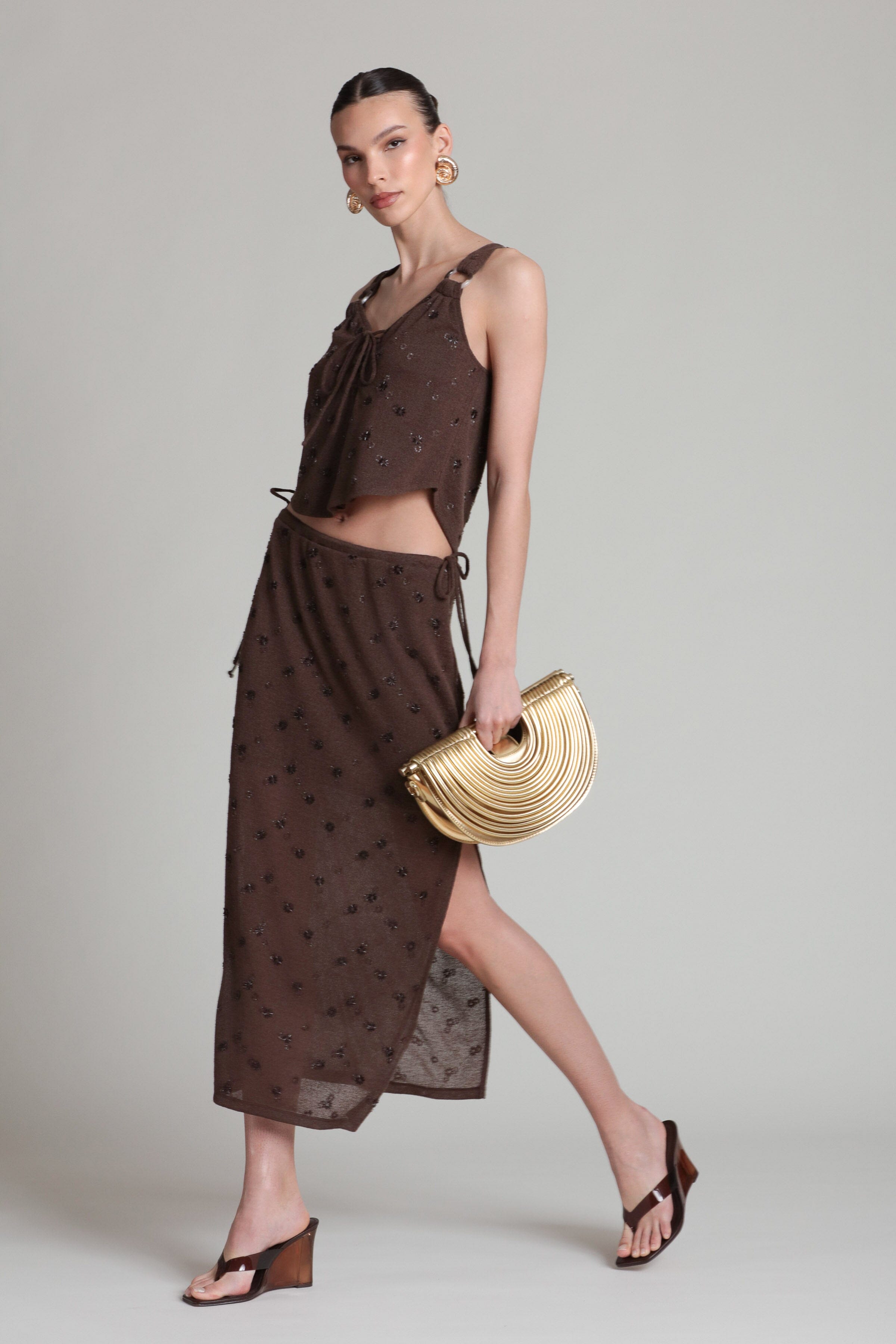 Beaded knit lace-up chocolate brown tank top with brown knit skirt - Shop women's cute midi skirts & tops by Avec Les Filles