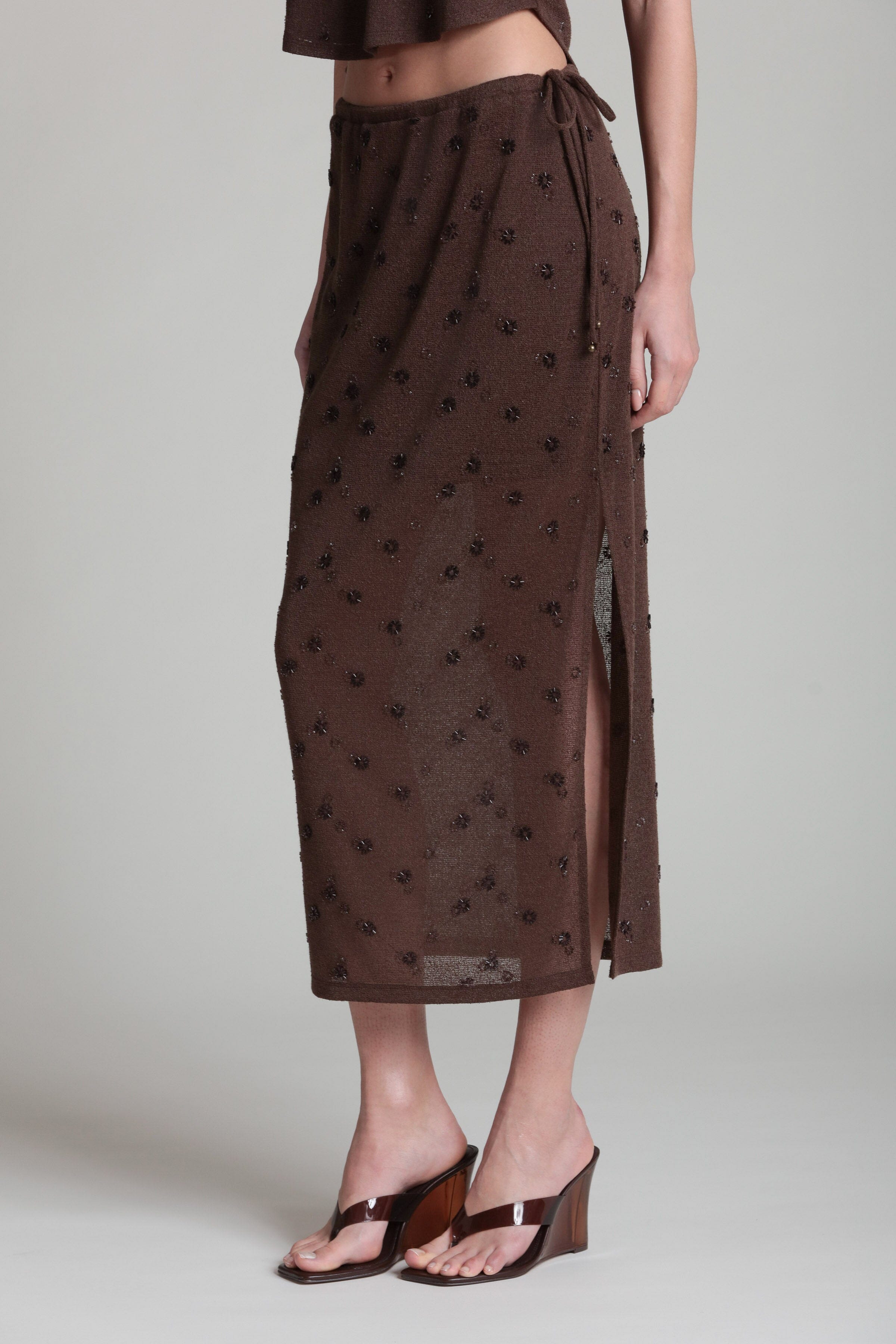 Beaded dark brown midi knit skirt with side drawstring ties - Shop women's cute midi skirts by Avec Les Filles.