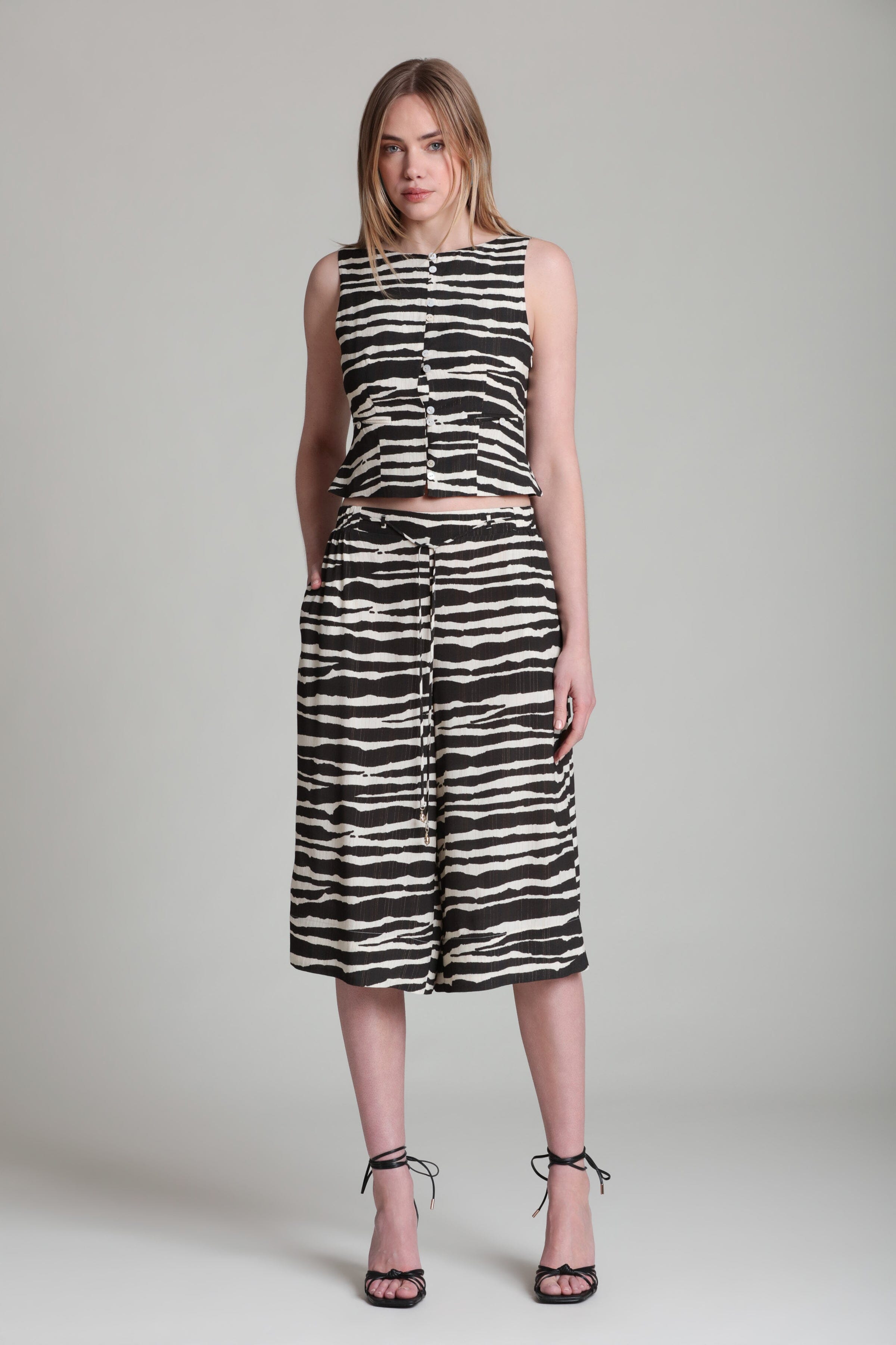 zebra mid-rise fit animal print culotte pants with zebra tank top - Shop designer women's cute culottes by Avec Les Filles.