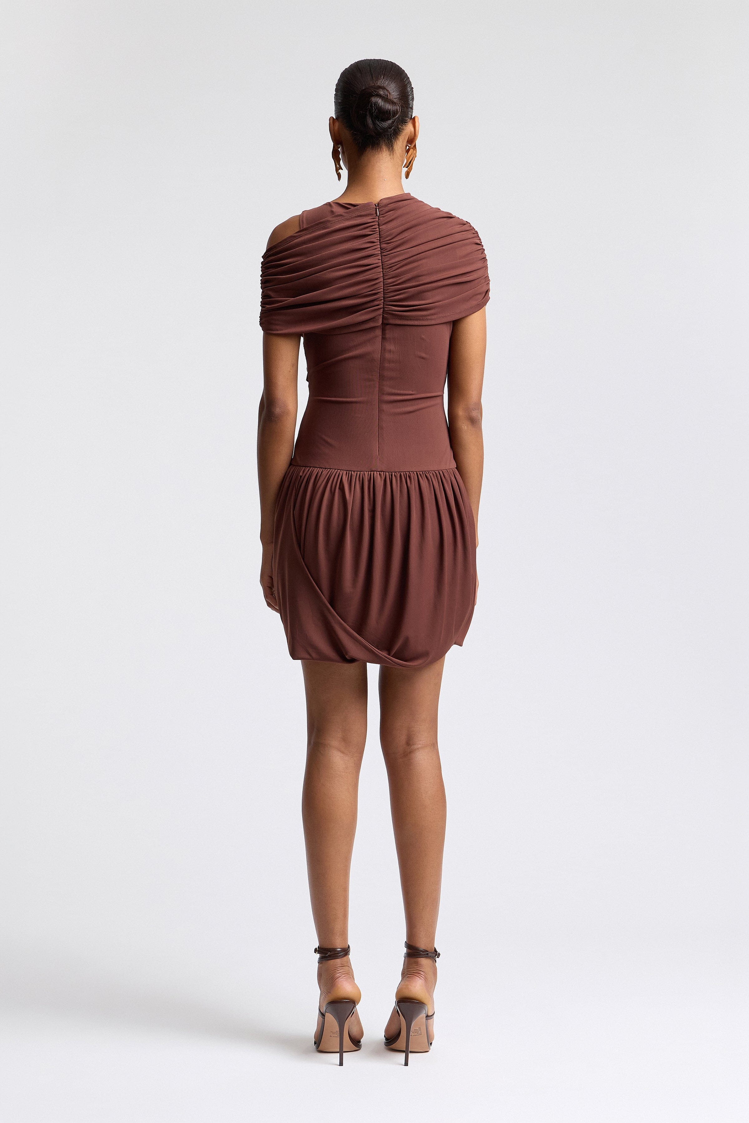 Draped mesh chocolate brown mini dress with one-shoulder neck - Shop women's cute mini dresses by Avec Les Filles