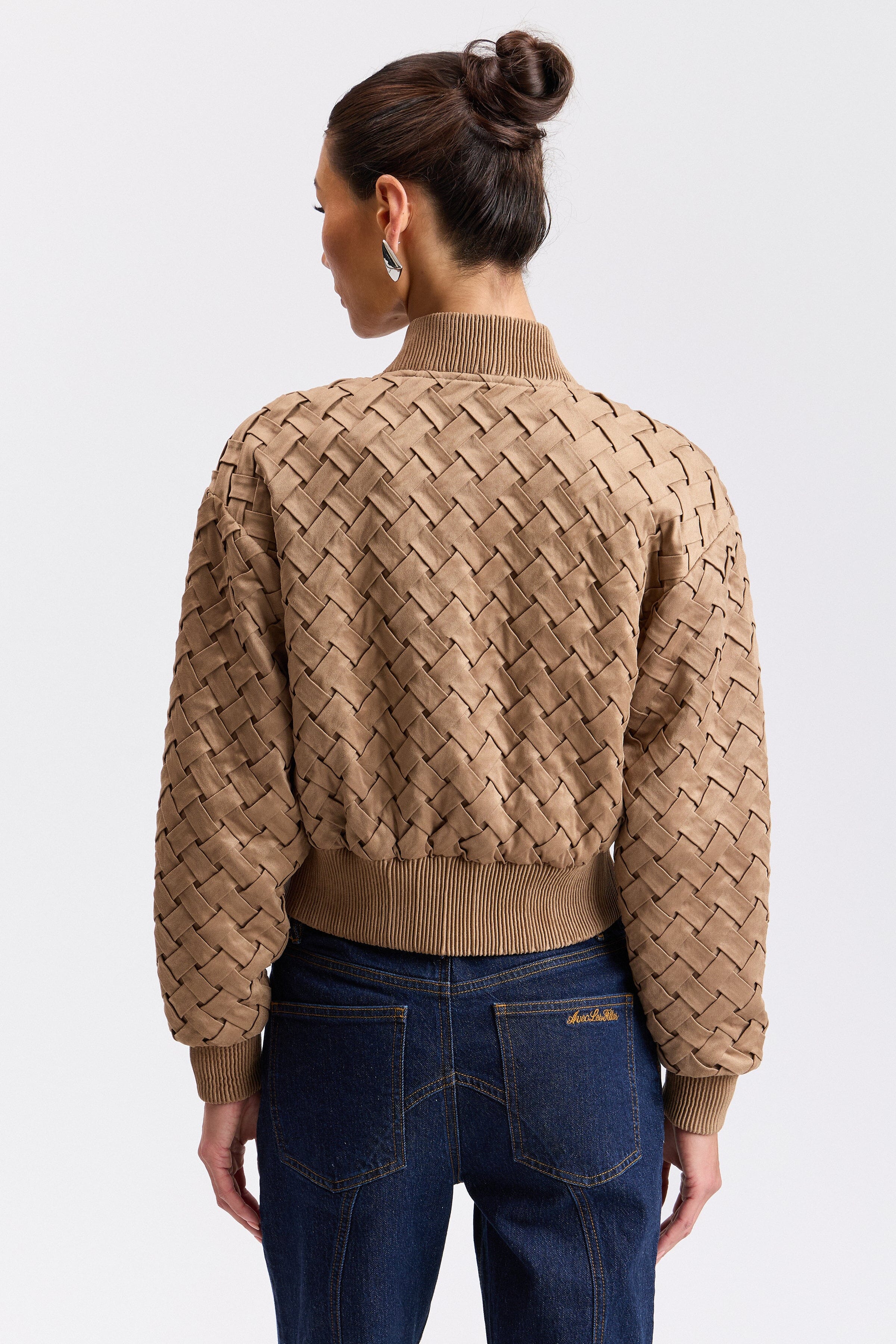 Beige cropped faux suede bomber jacket with long sleeves - Shop women's cute bomber jackets by Avec Les Filles.