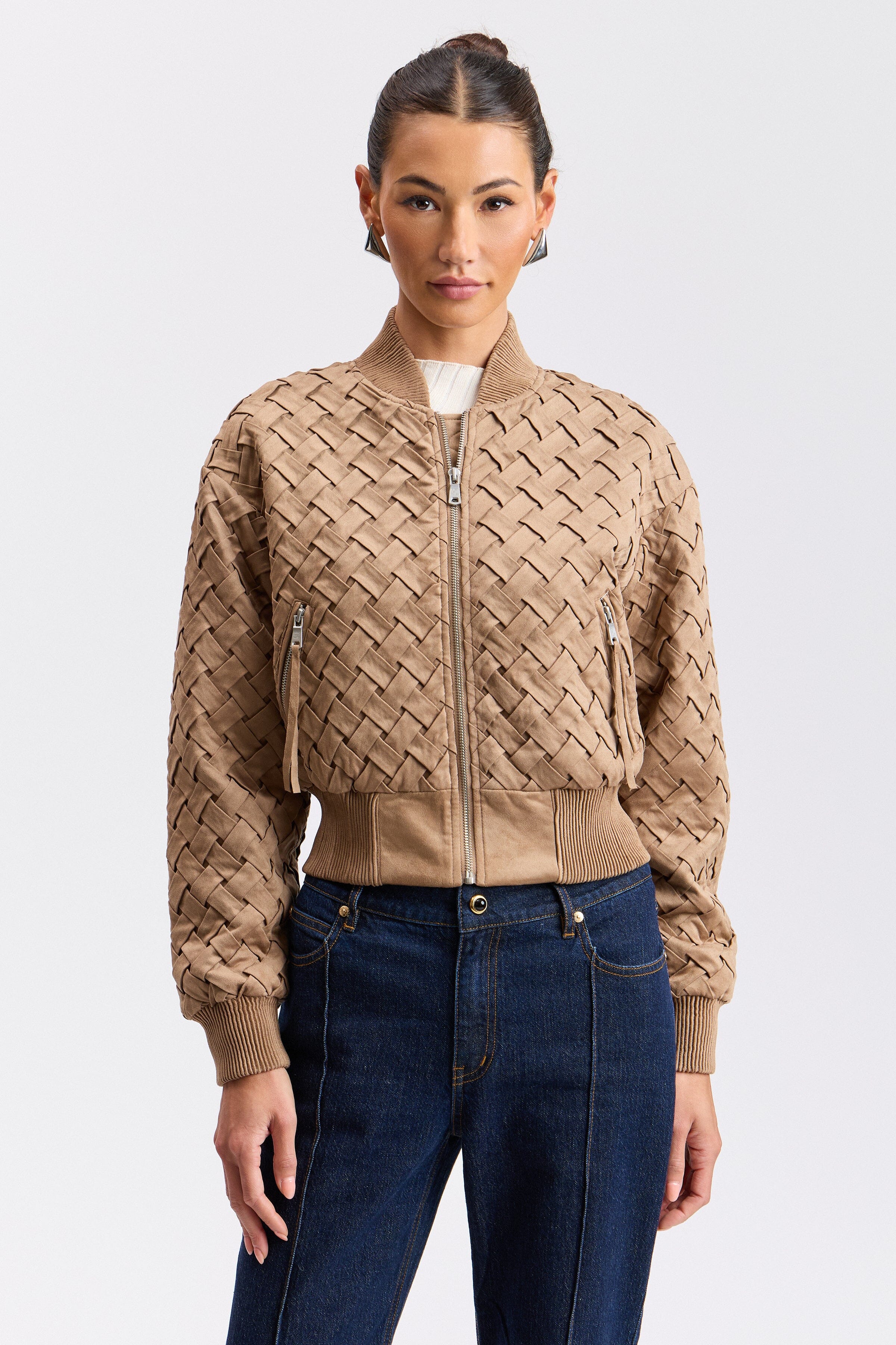 Beige cropped bomber jacket with long sleeves - Shop designer faux suede jackets for women by Avec Les Filles.