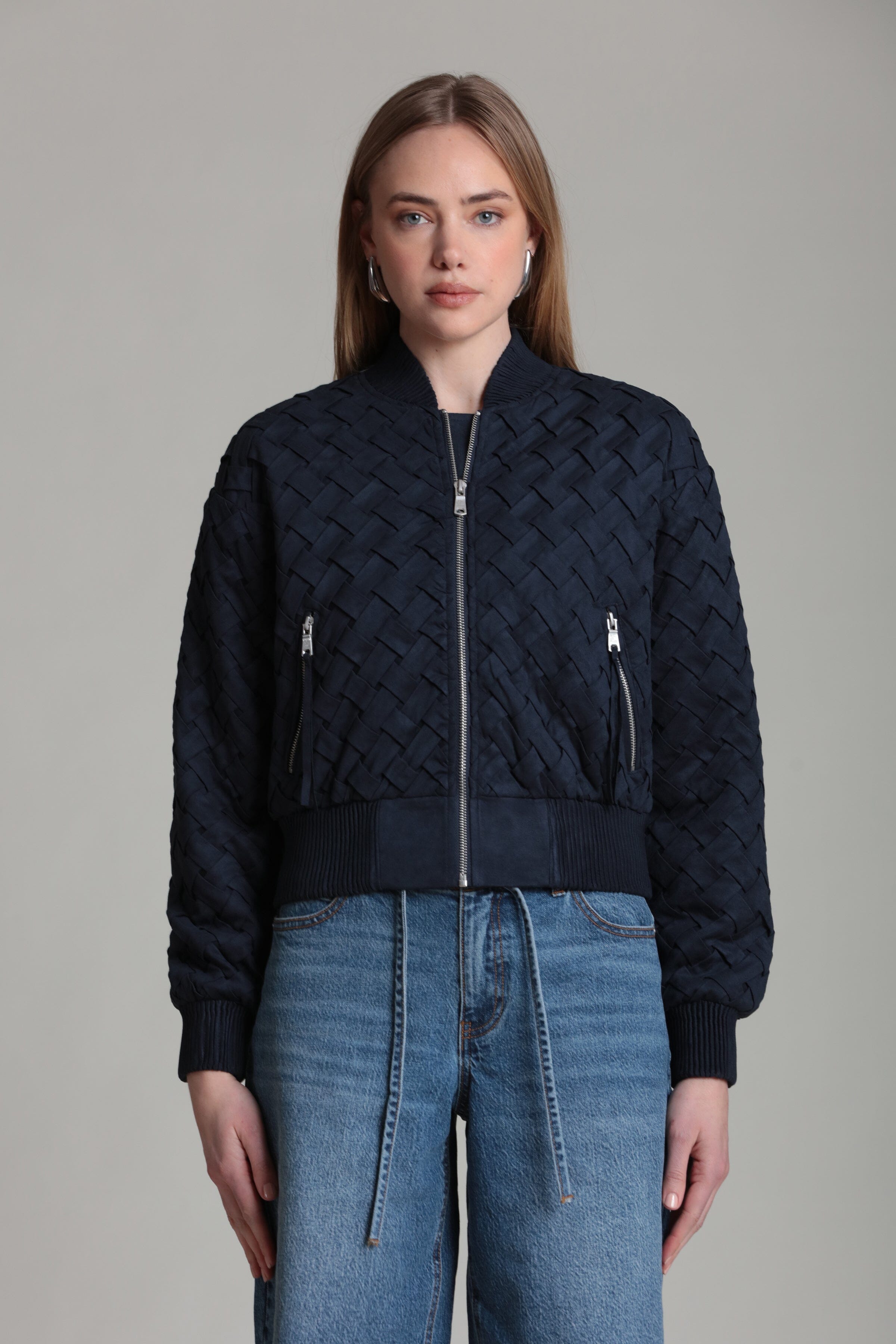 woven blue faux suede jacket with long sleeves - Shop designer women's cute bomber jackets by Avec Les Filles
