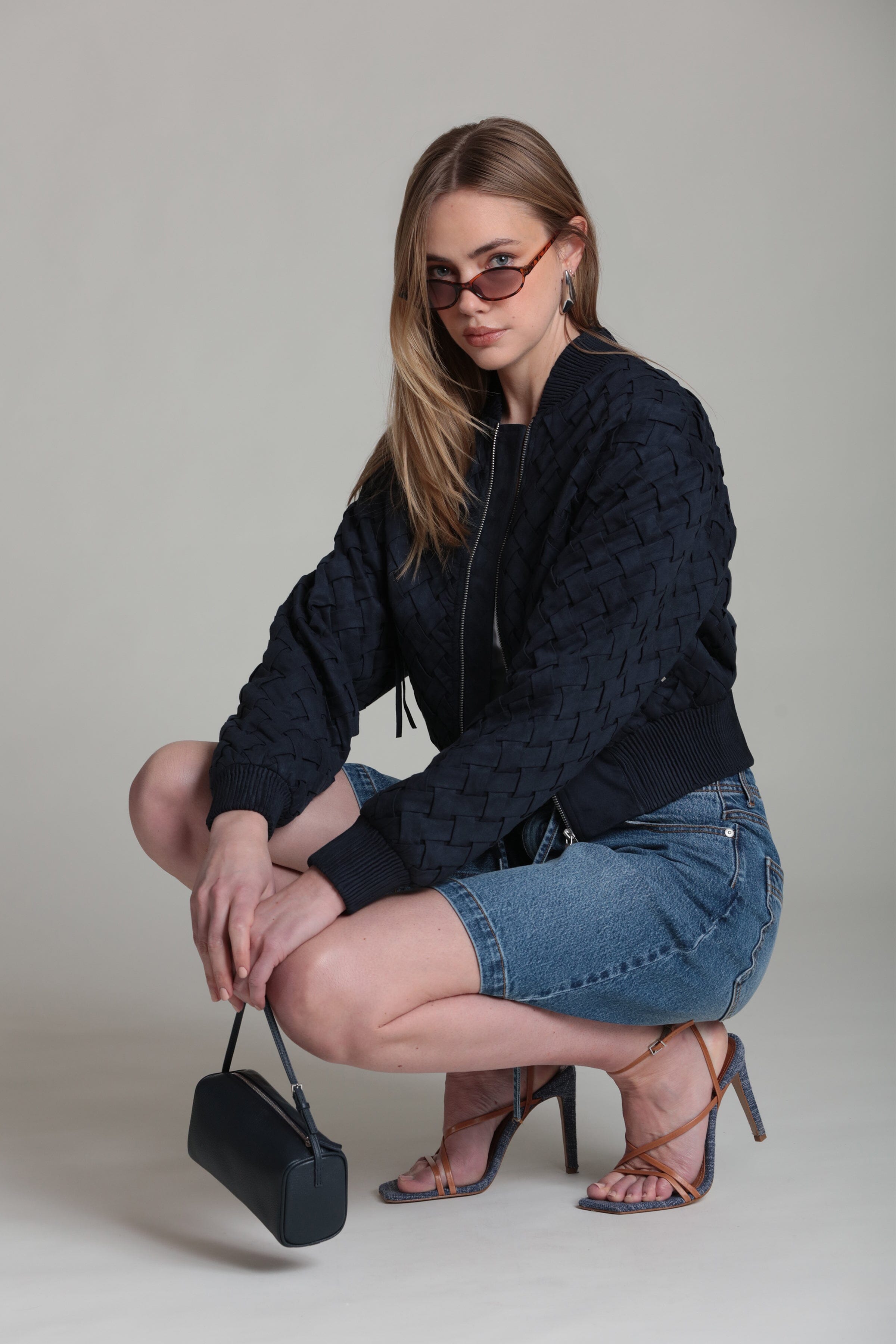 woven blue faux suede bomber jacket with long sleeves - Shop women's cute bomber jackets by Avec Les Filles