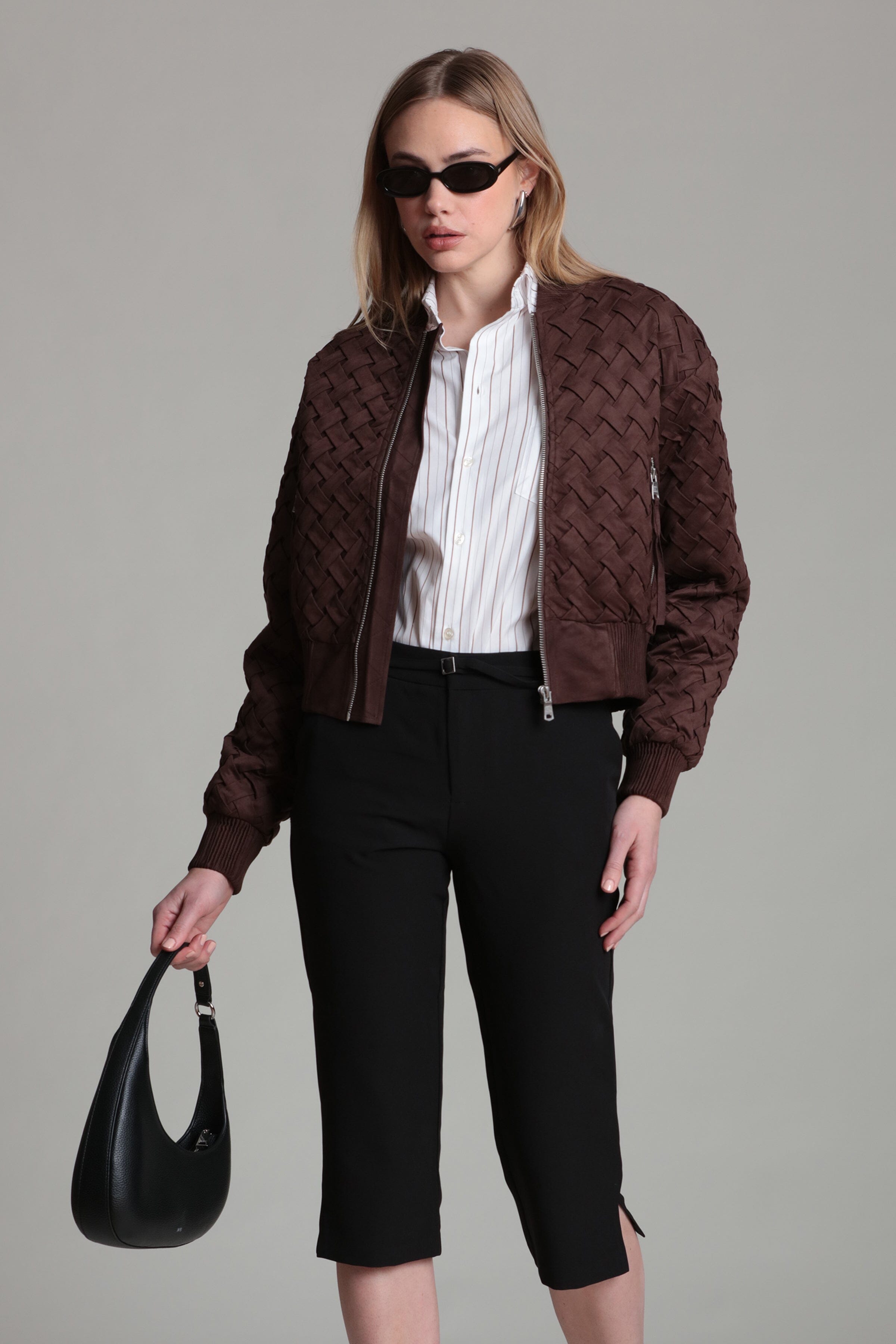 Woven brown faux suede jacket with long sleeves - Shop women's cute bomber jackets by Avec Les Filles