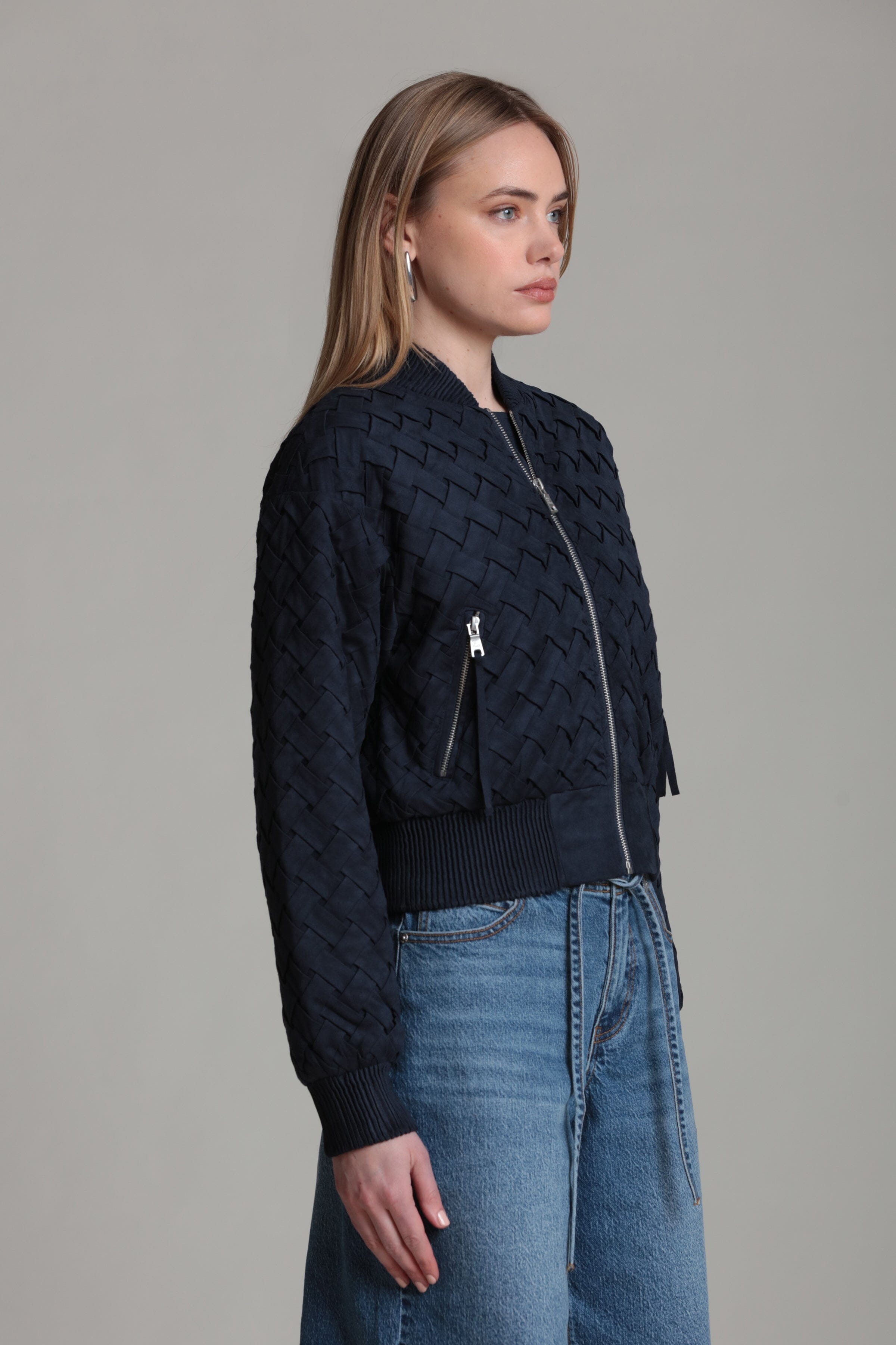 woven blue faux suede bomber jacket with long sleeves - Shop women's cute bomber jackets by Avec Les Filles