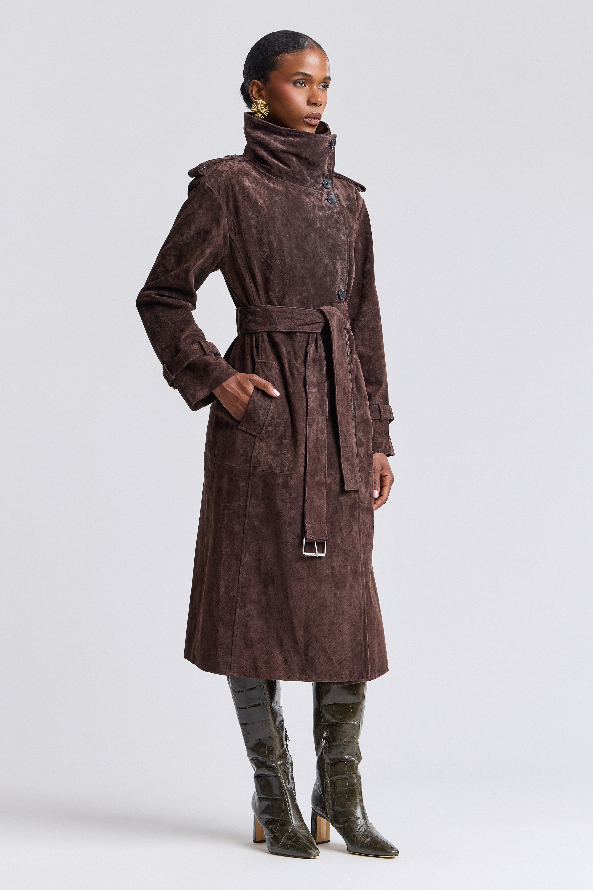 Dark brown suede trench coat womens with removable belt and funnel neck - Shop long trench coats by Avec Les Filles.