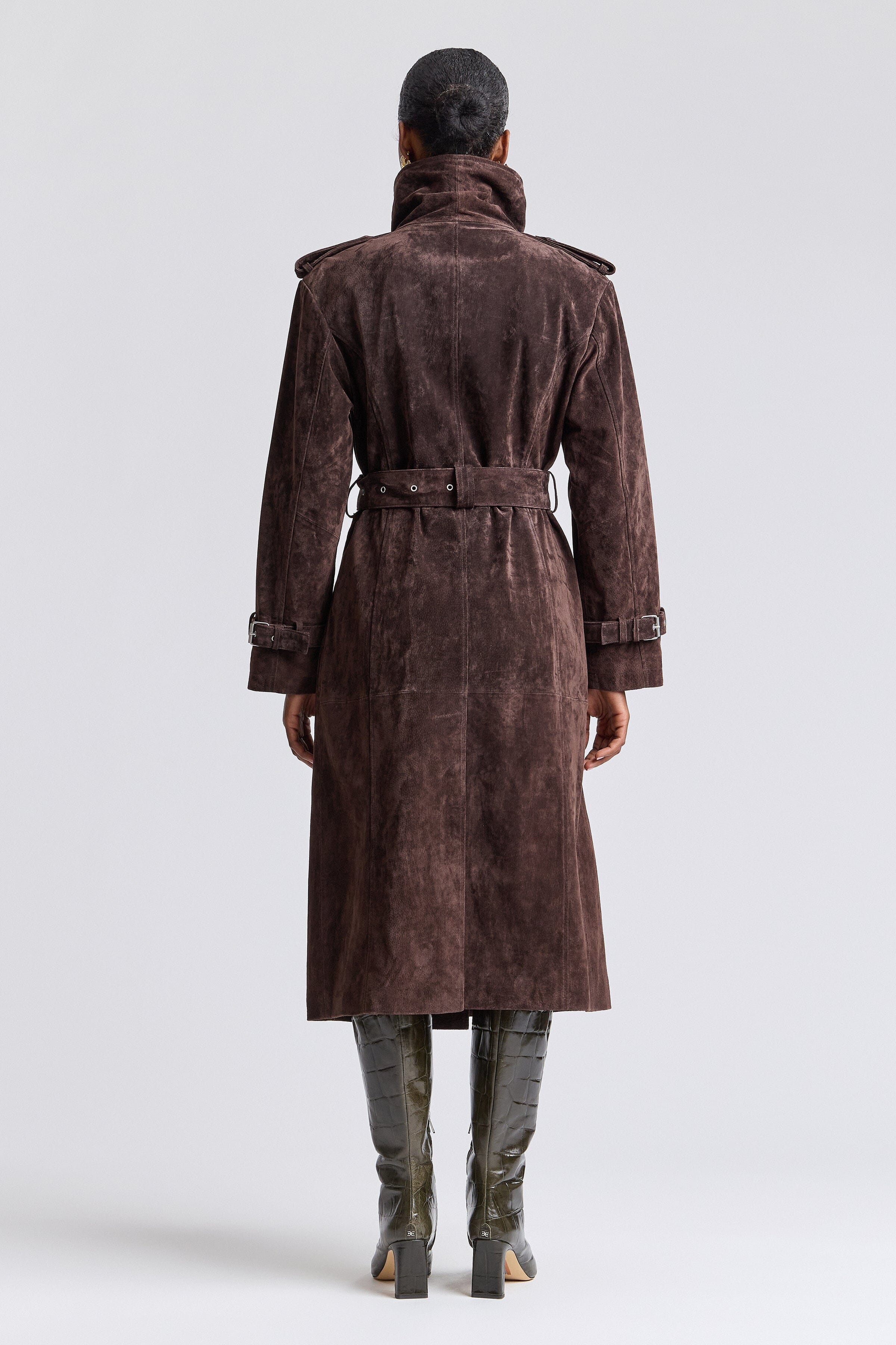 Front-button dark brown long suede trench coat with removable belt - Shop women's trench coats by Avec Les Filles.