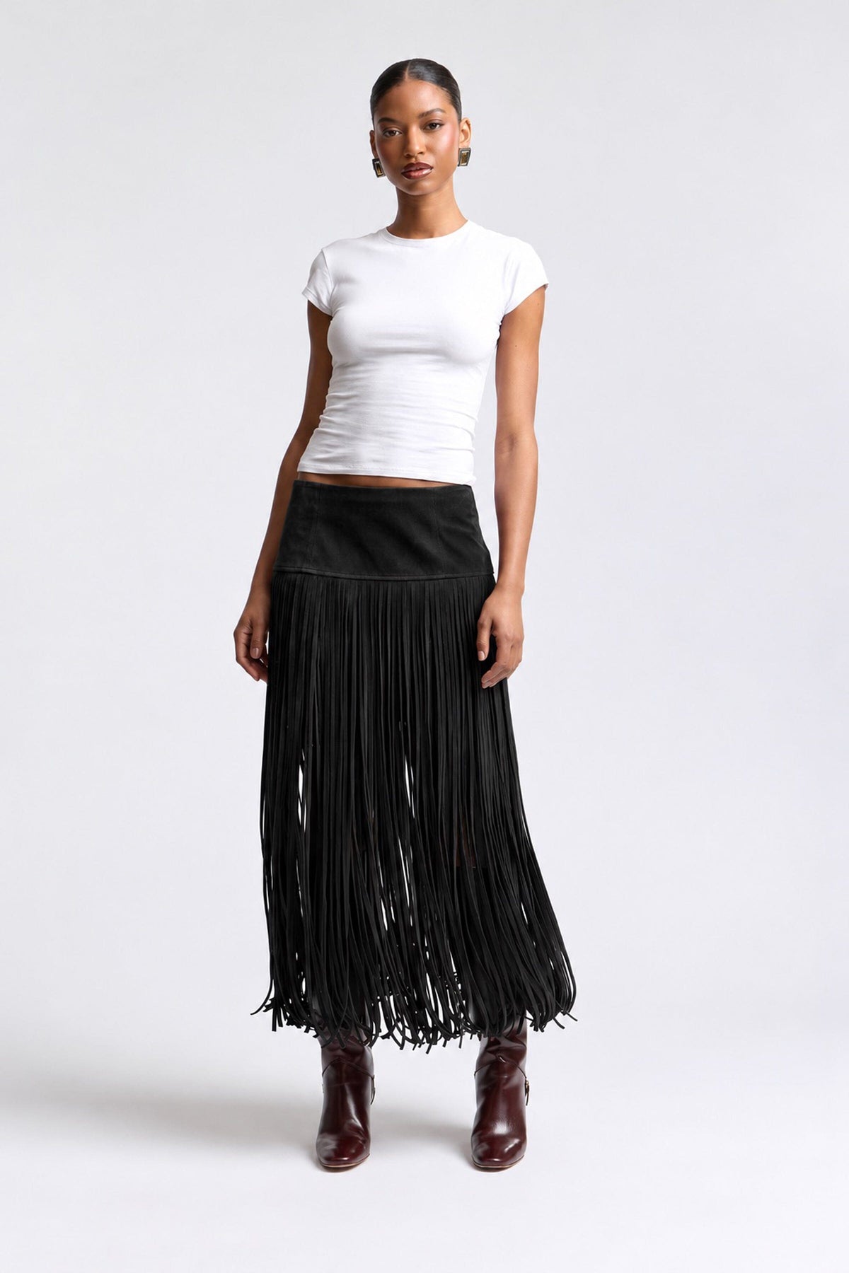 Faux Suede Fringe Maxi Skirt - Black Skirts Avec Les Filles