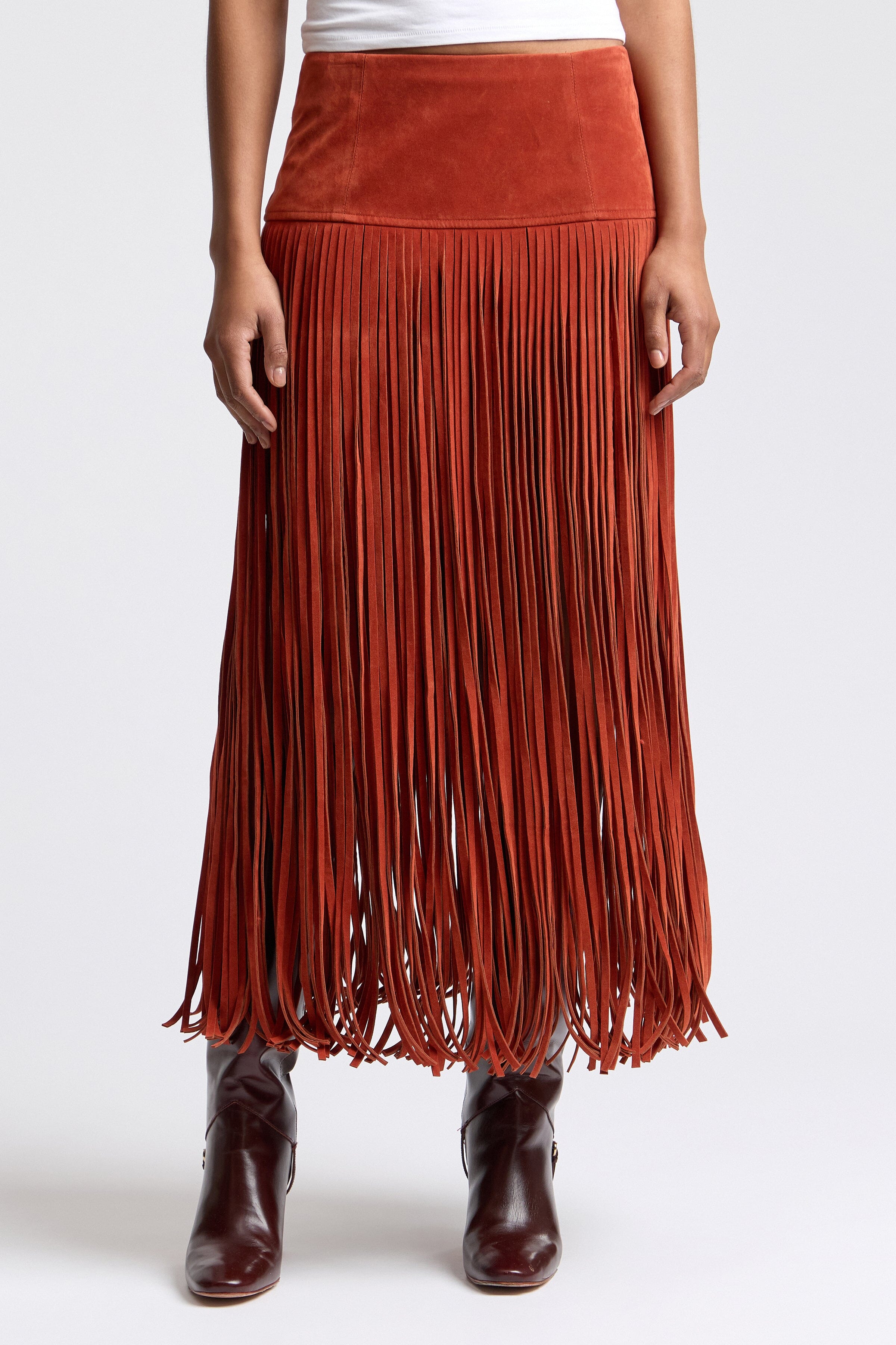 Red fringe faux suede maxi skirt with high-rise waist - Shop designer women's cute maxi skirts by Avec Les Filles