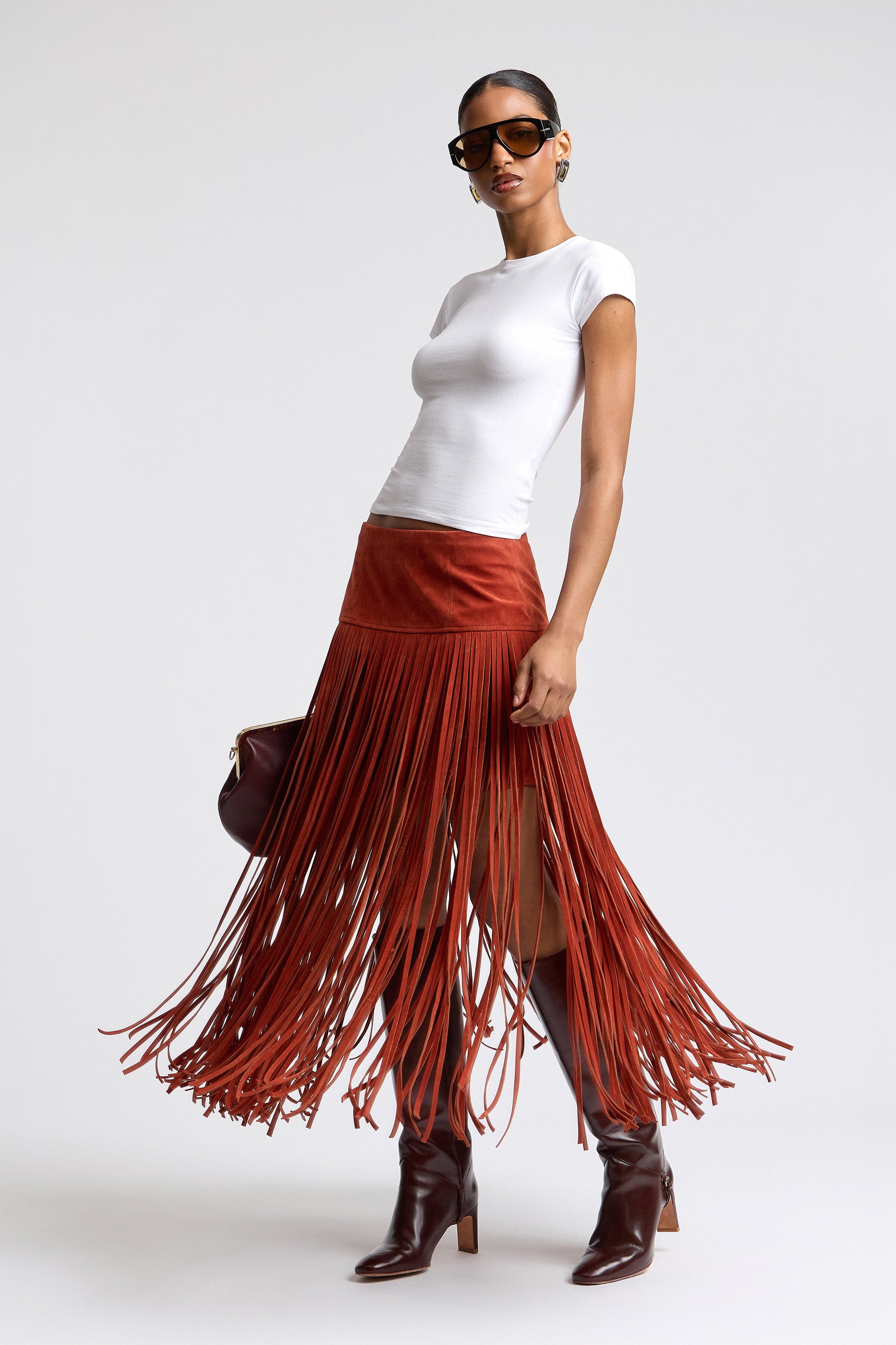 Faux suede fringe skirt red with high-rise waist - Shop designer women's cute maxi skirts by Avec Les Filles