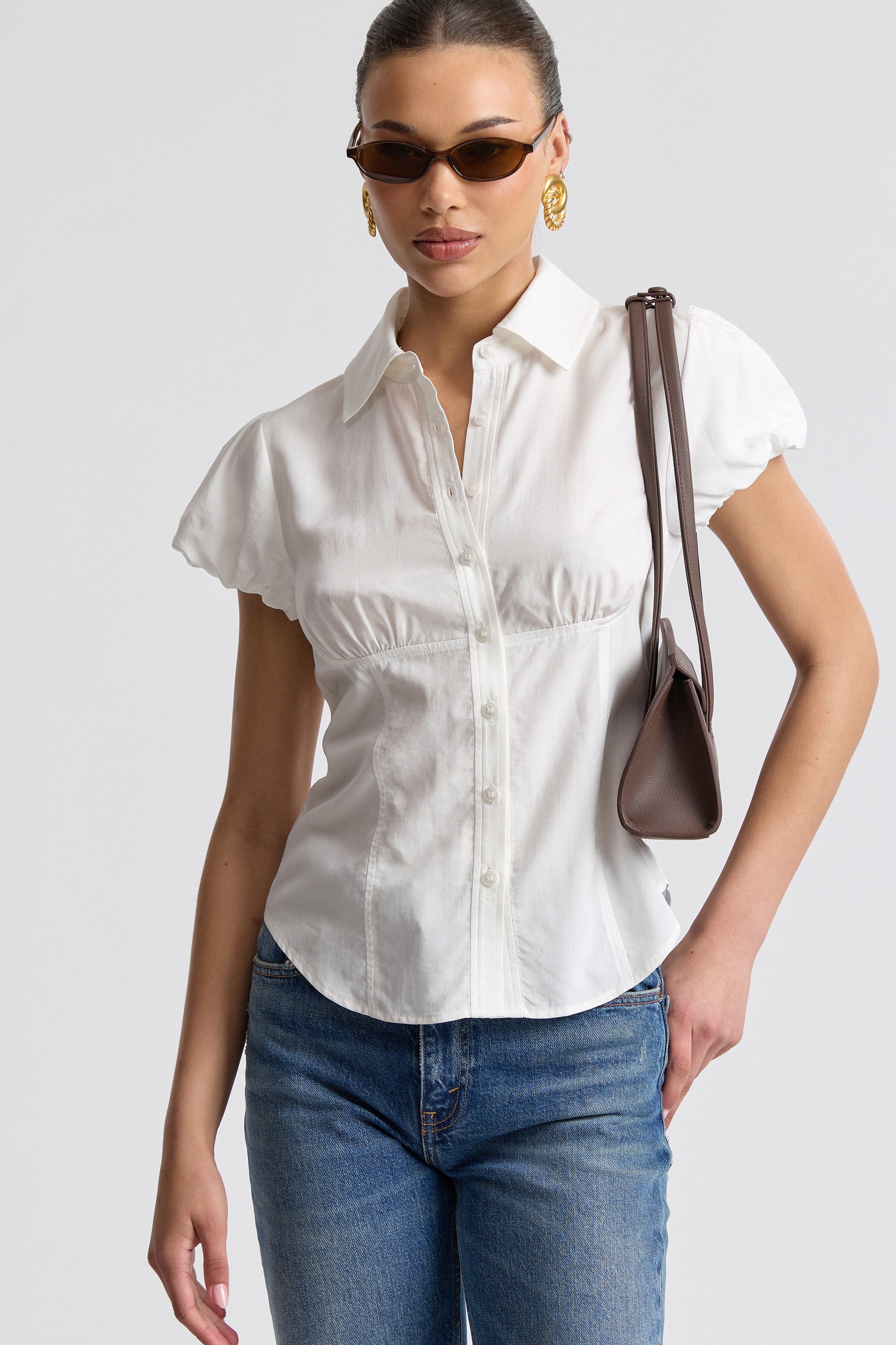 White collared button up shirt in soft poplin top with puff sleeves - Shop women's cute tops by Avec Les Filles