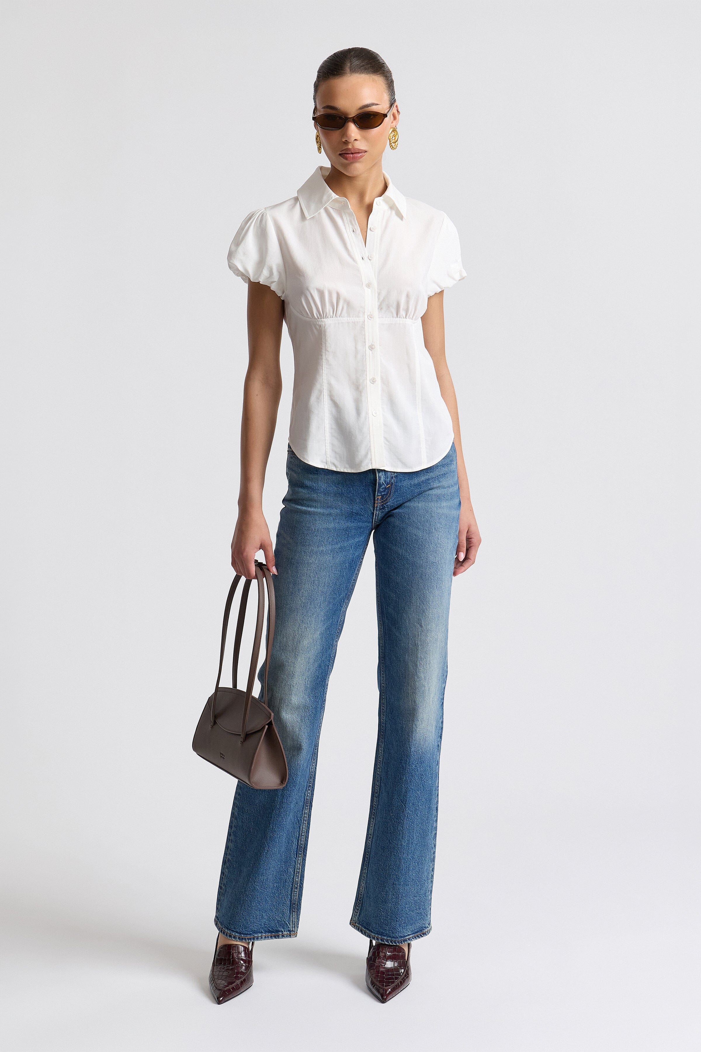 White collared button up shirt in soft poplin top with puff sleeves - Shop women's cute tops by Avec Les Filles