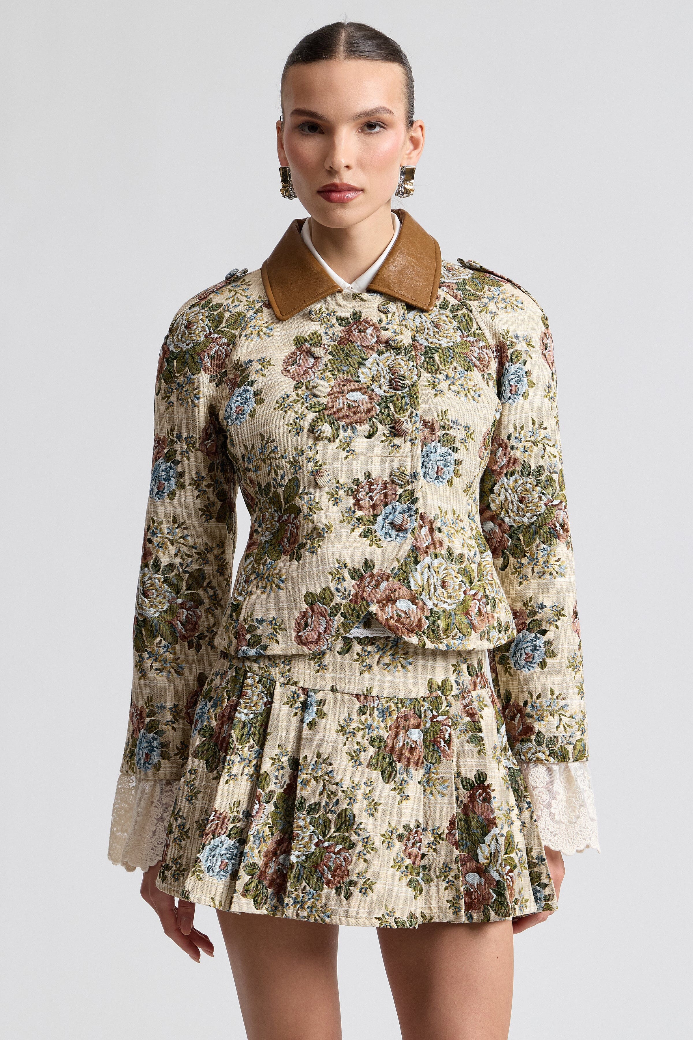 Taupe floral brocade women's blazer. Shop designer women's blazers by Avec Les Filles.